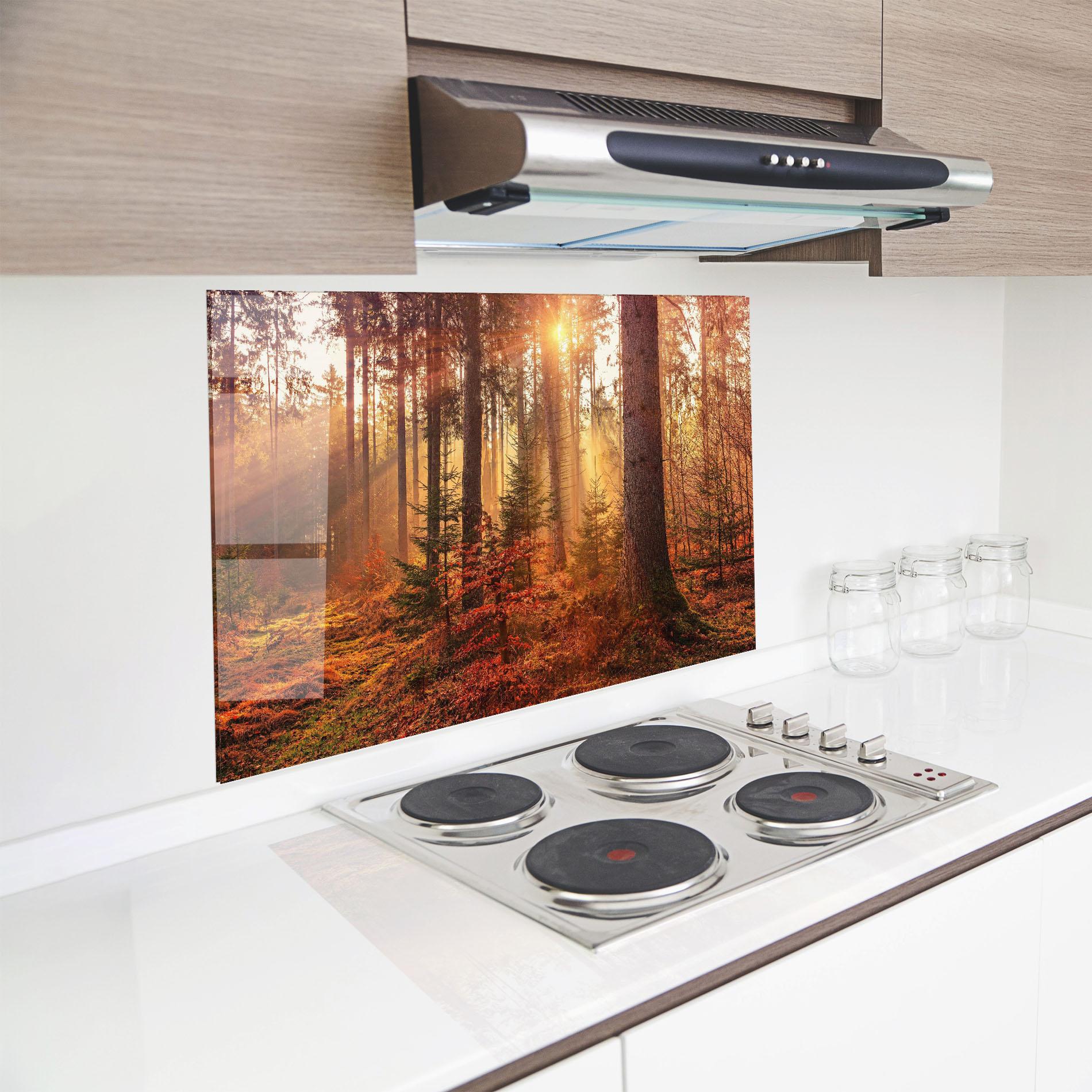 Küchenrückwand Glas Orange Light Forest mockup 8