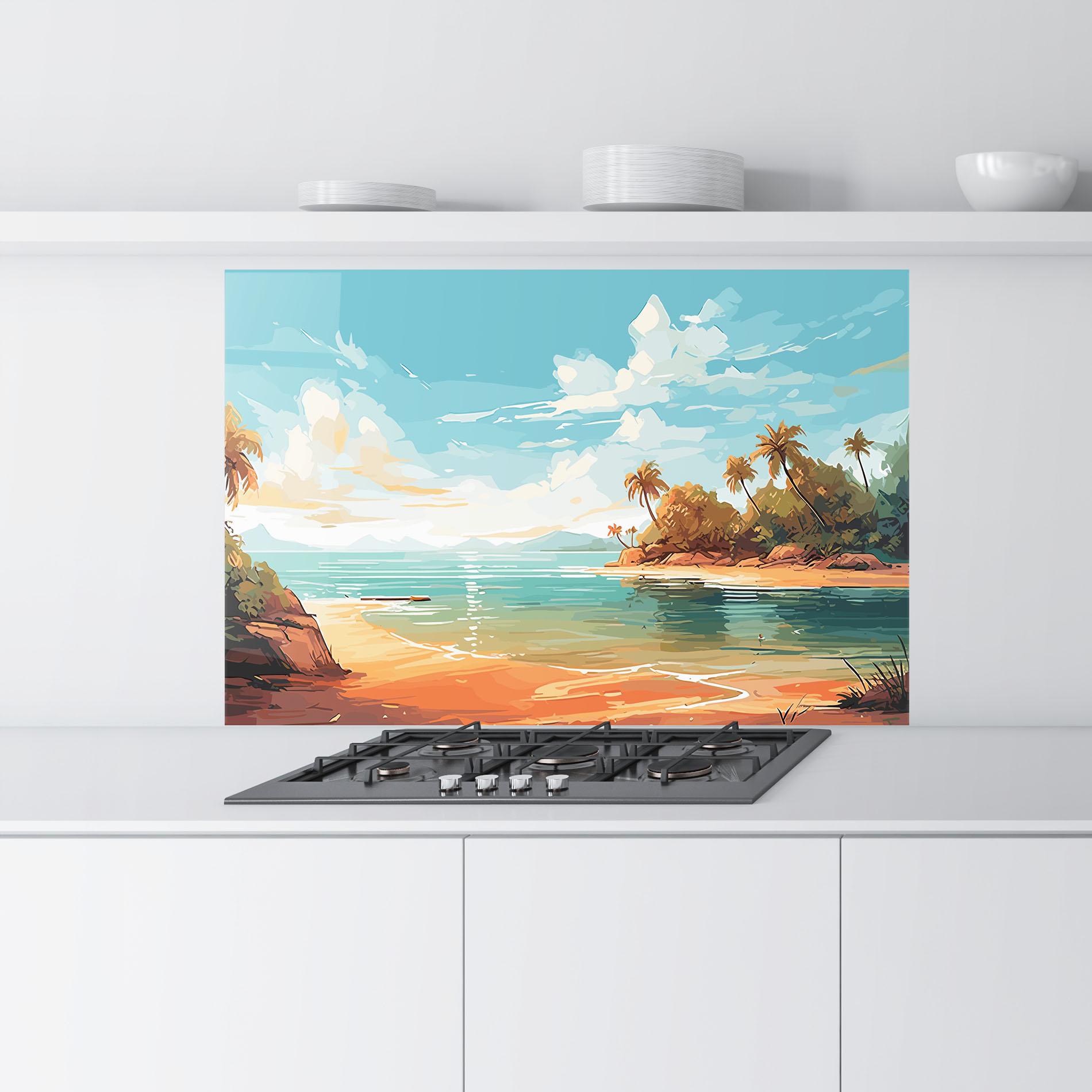 Küchenrückwand Glas Blue Sky Beach mockup 9