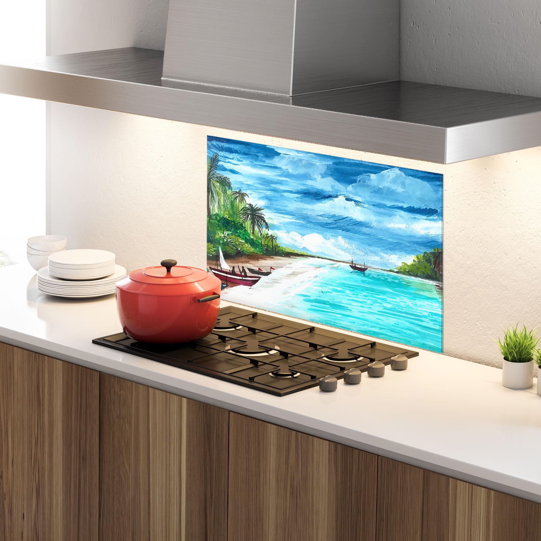 Küchenrückwand Glas Beach Painting Art mockup 4
