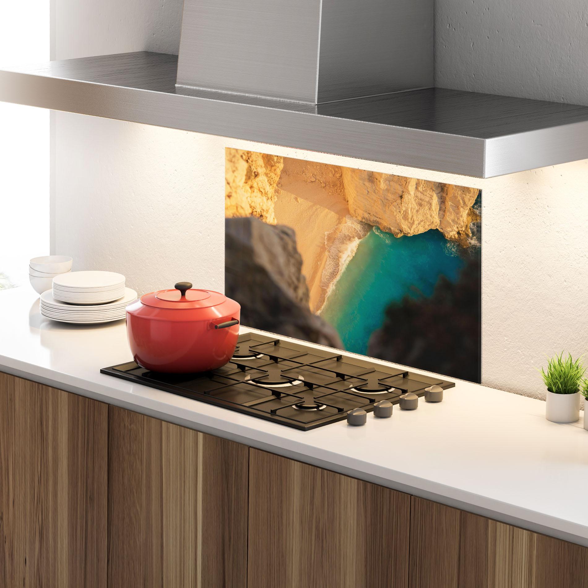 Küchenrückwand Glas Blue Beach Water mockup 4