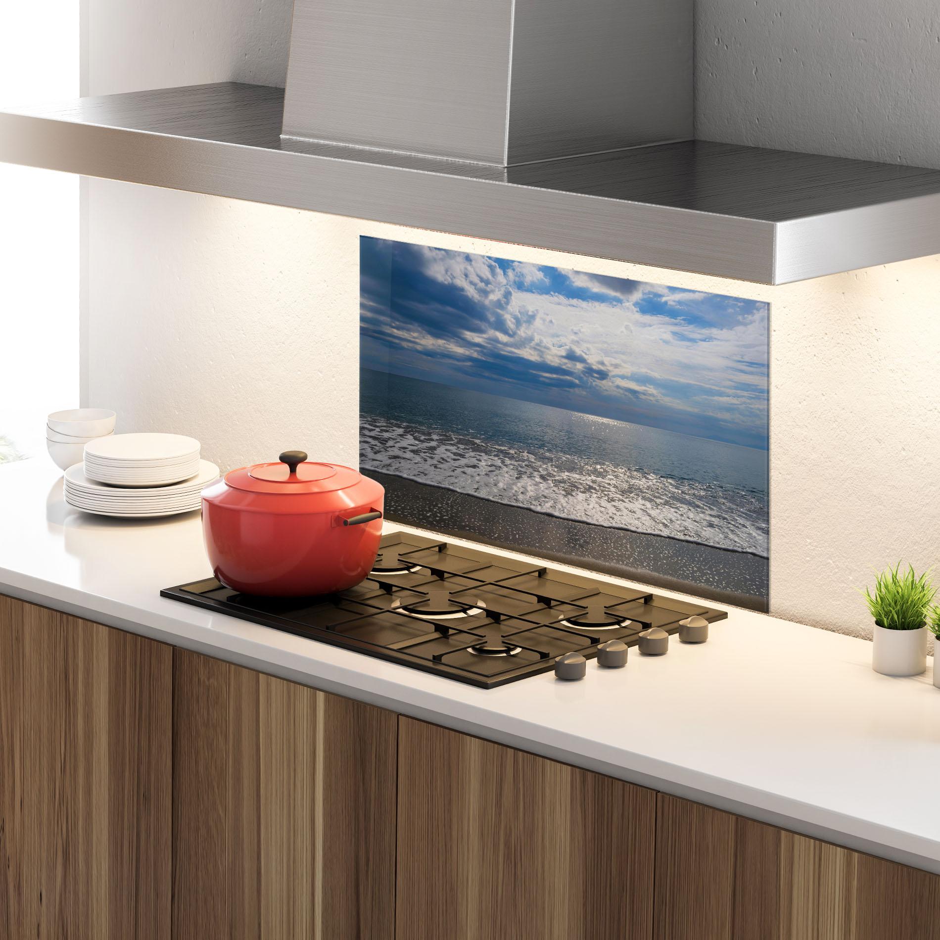 Küchenrückwand Glas Blue Cream Beach mockup 4