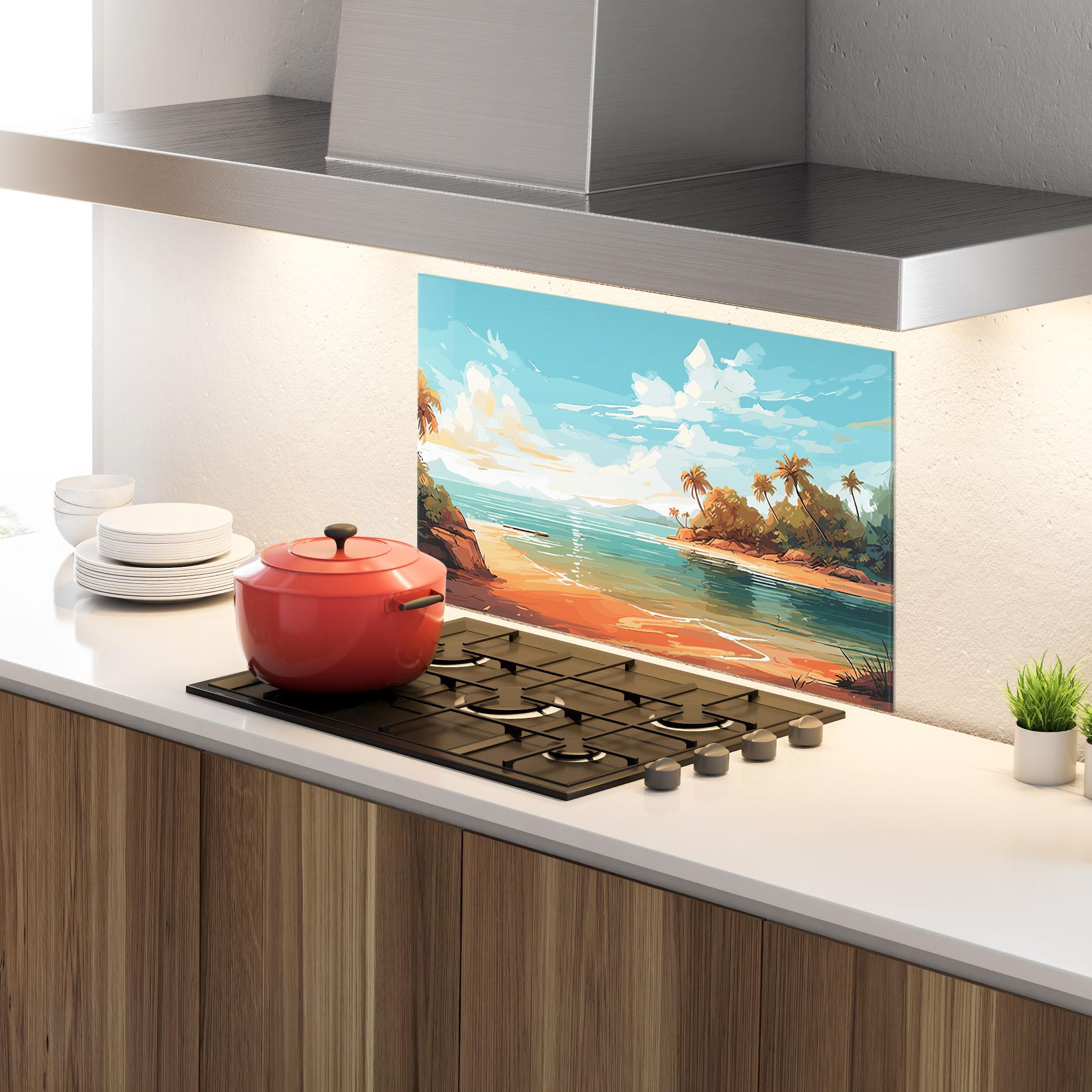 Küchenrückwand Glas Blue Sky Beach mockup 4