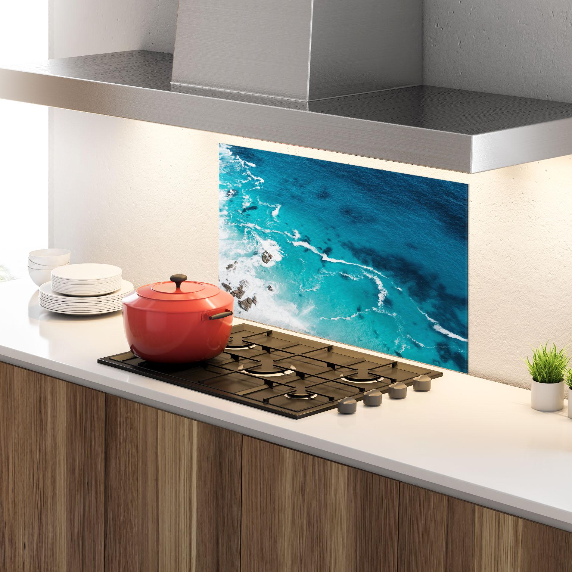 Küchenrückwand Glas Blue Water Beach mockup 4