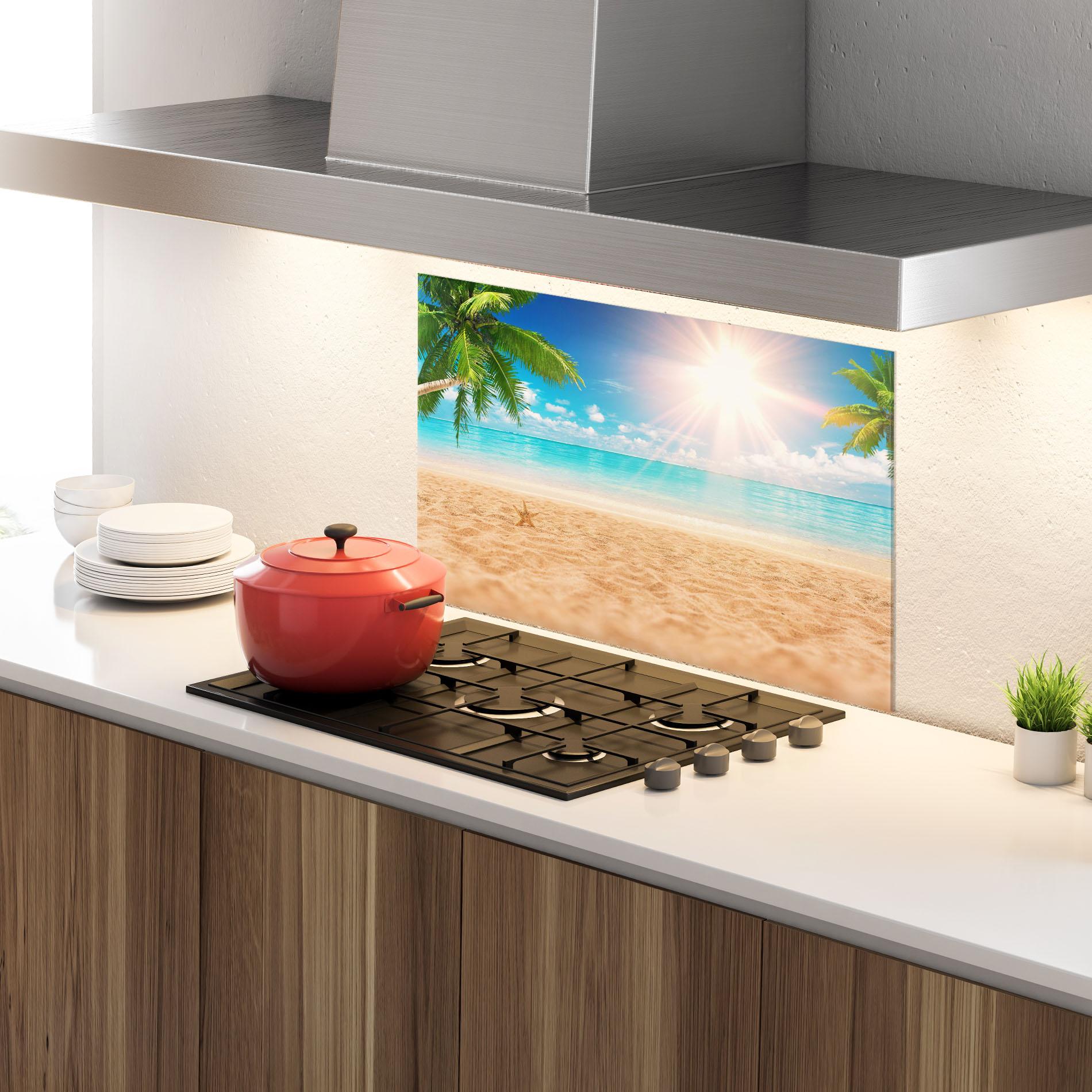 Küchenrückwand Glas Exotic Beach Ocean mockup 4