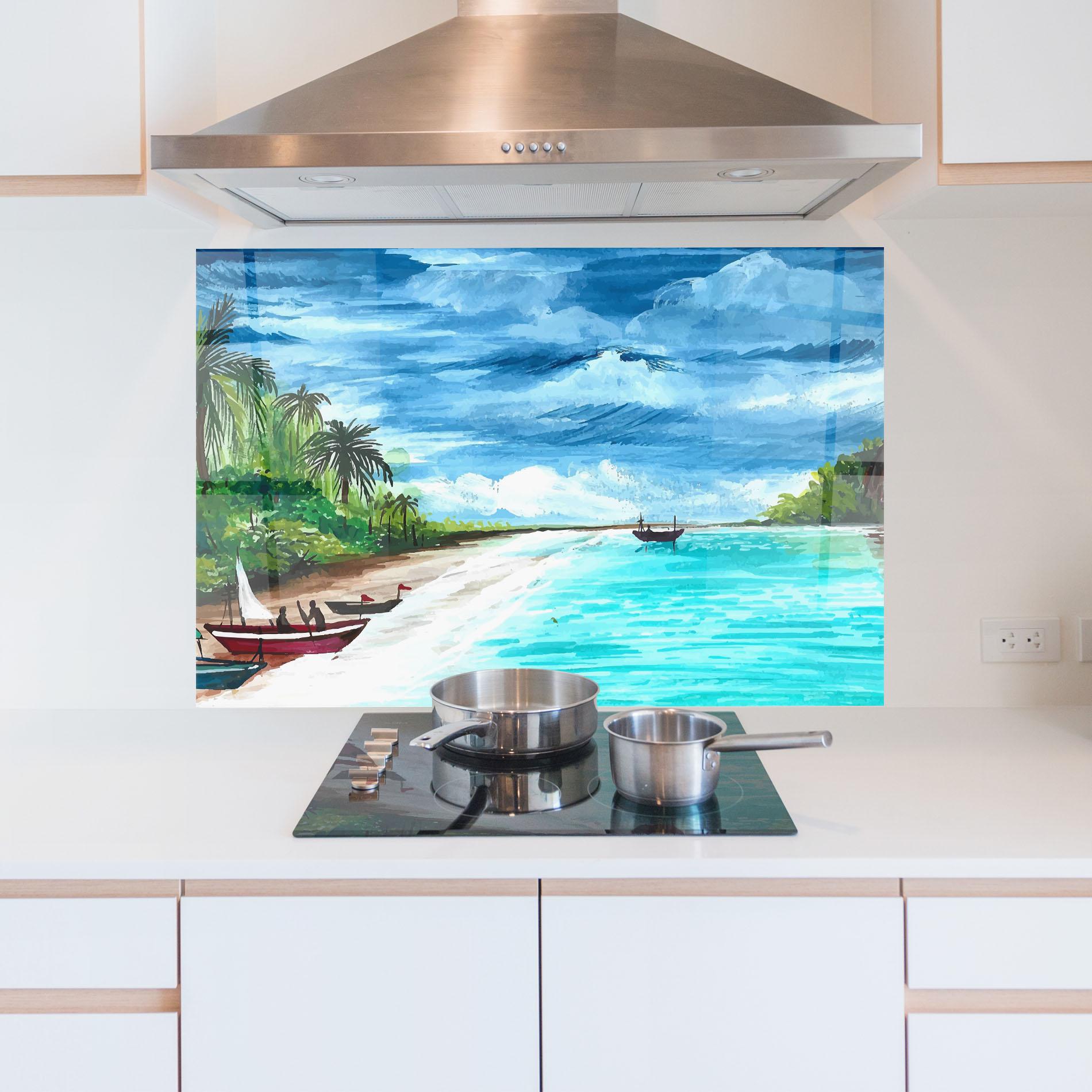 Küchenrückwand Glas Beach Painting Art mockup 5