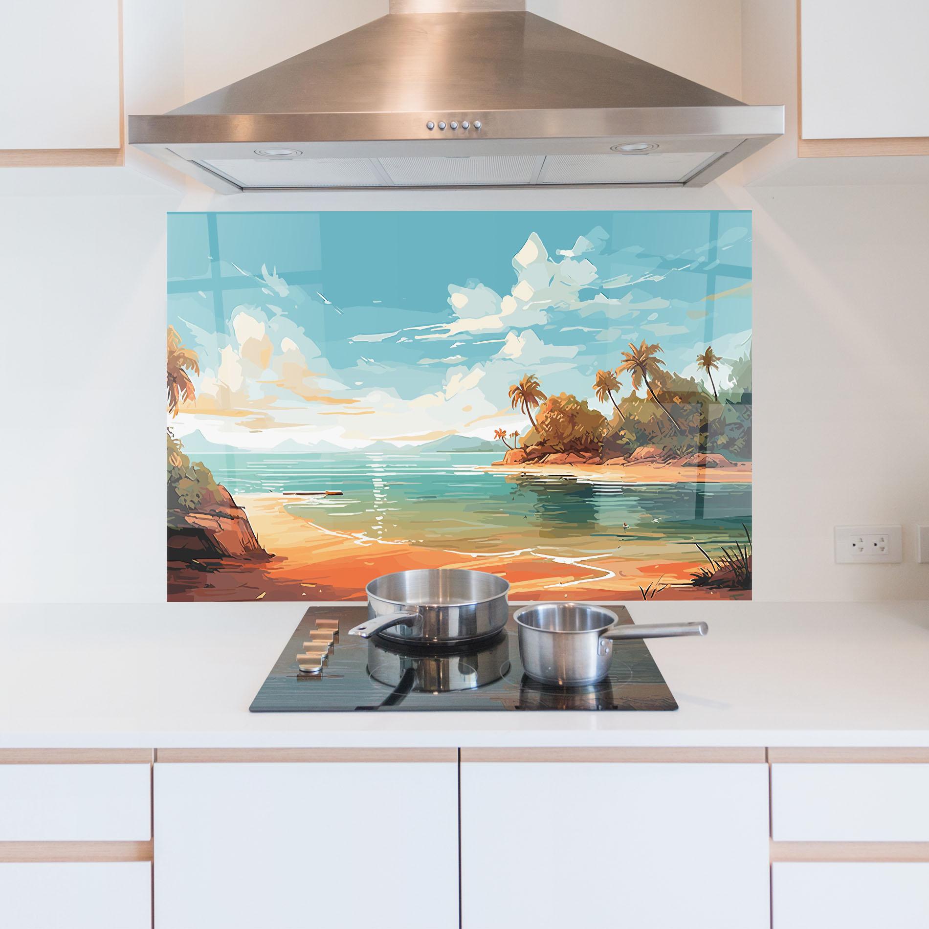 Küchenrückwand Glas Blue Sky Beach mockup 5