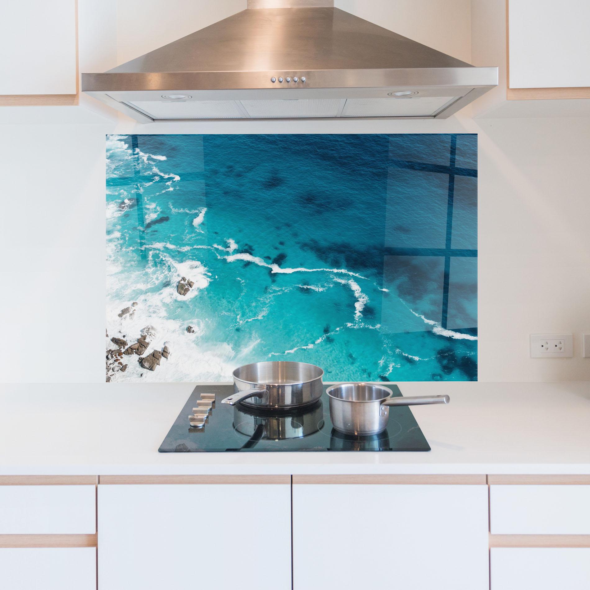 Küchenrückwand Glas Blue Water Beach mockup 5