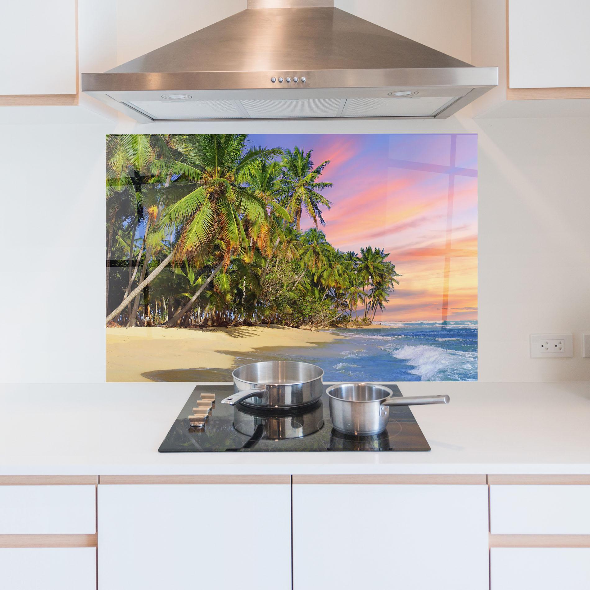 Küchenrückwand Glas Coconut Tree Sunset mockup 5