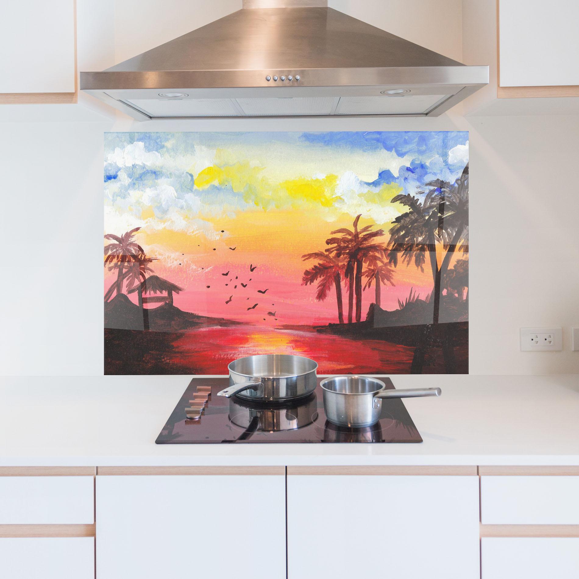 Küchenrückwand Glas Sunset Gouache Painting mockup 5