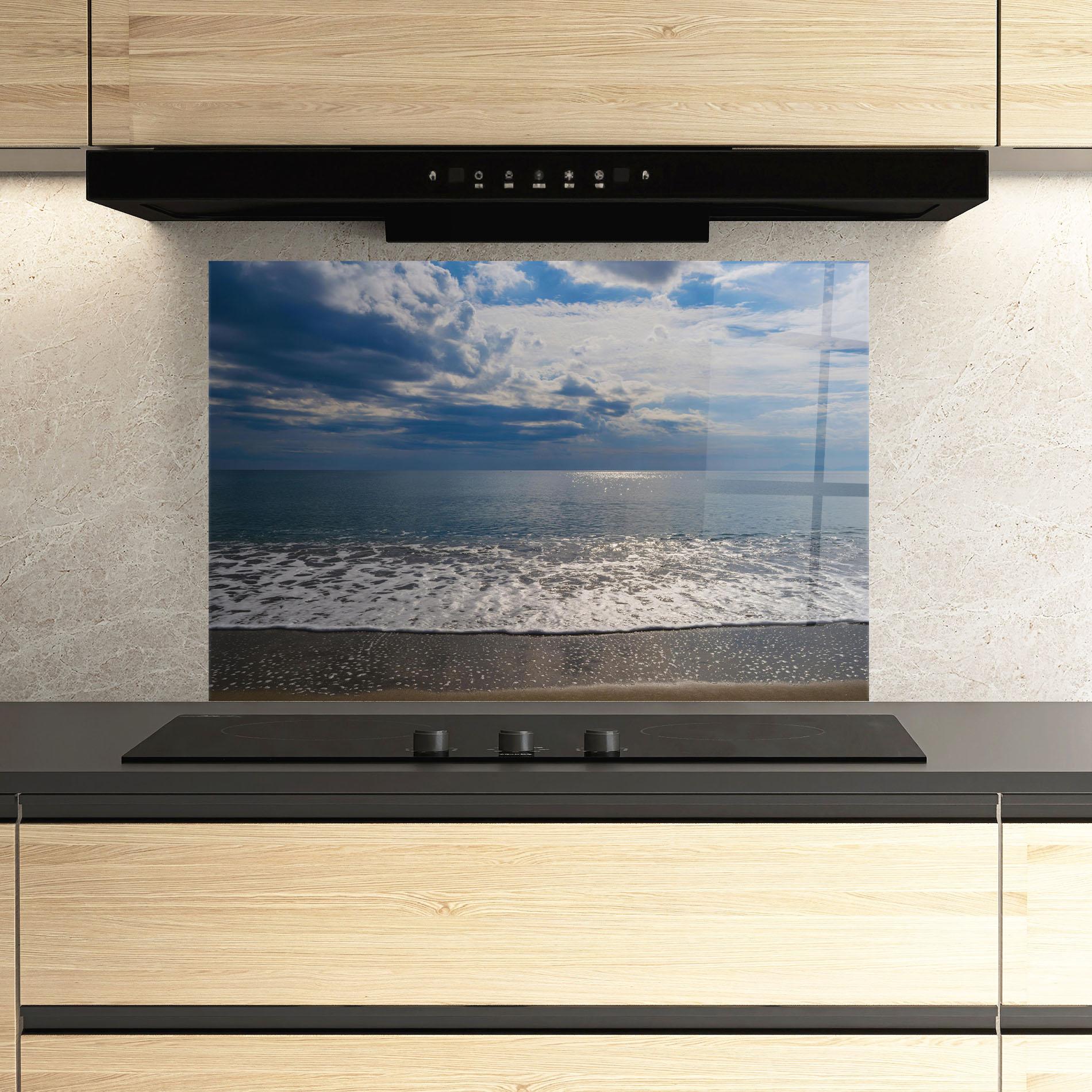 Küchenrückwand Glas Blue Cream Beach mockup 3