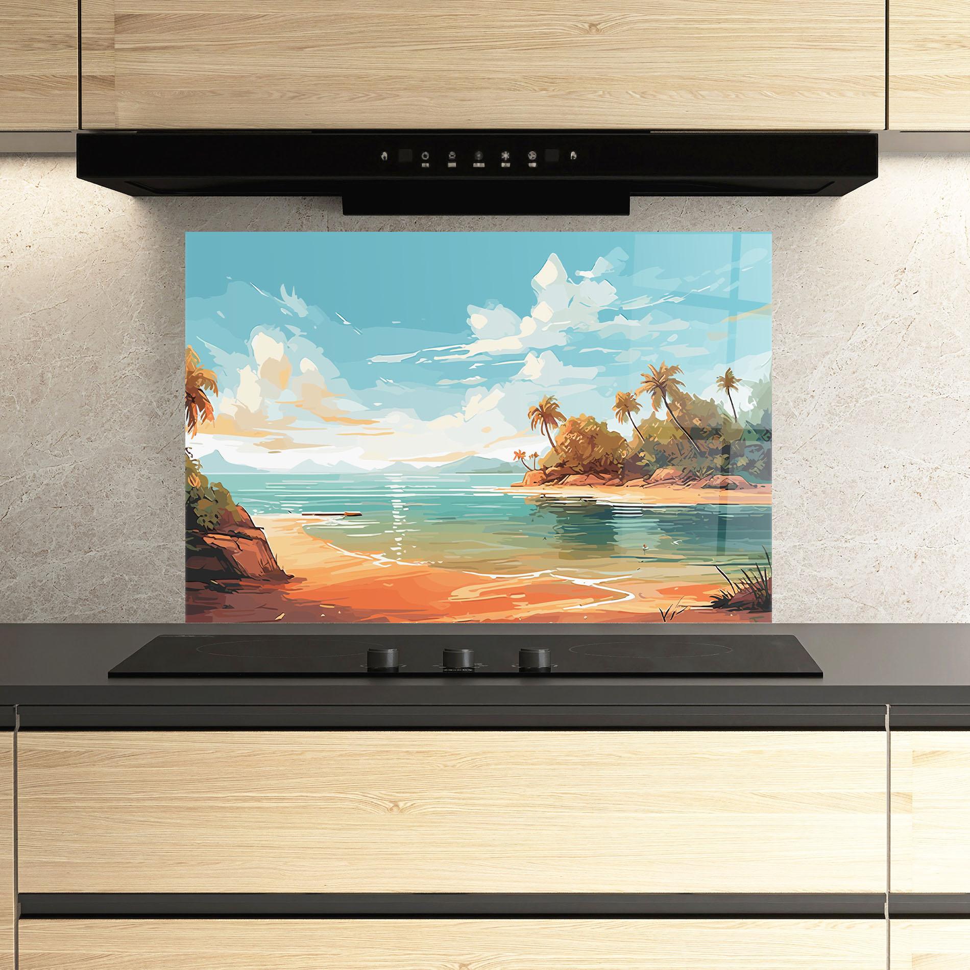Küchenrückwand Glas Blue Sky Beach mockup 3