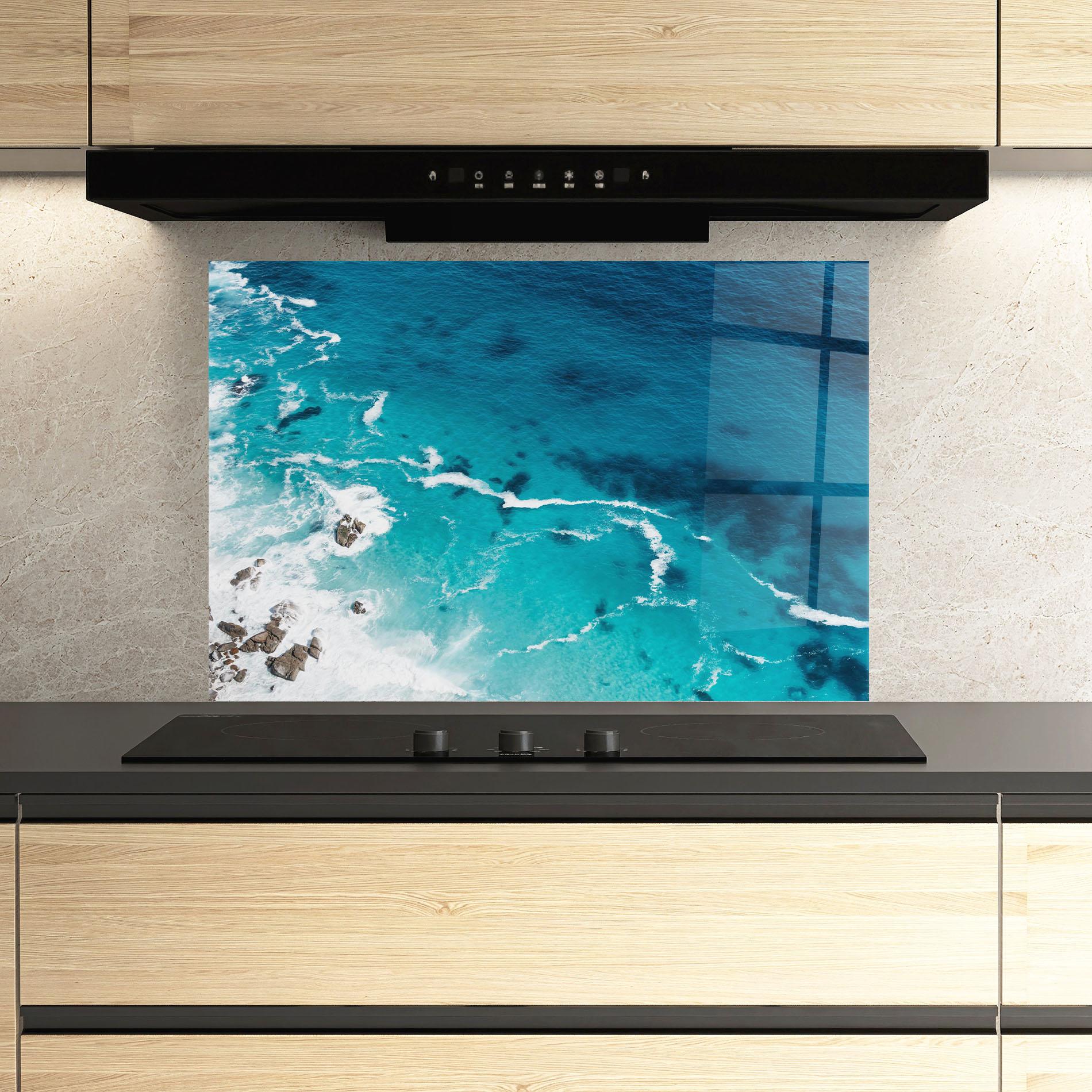 Küchenrückwand Glas Blue Water Beach mockup 3