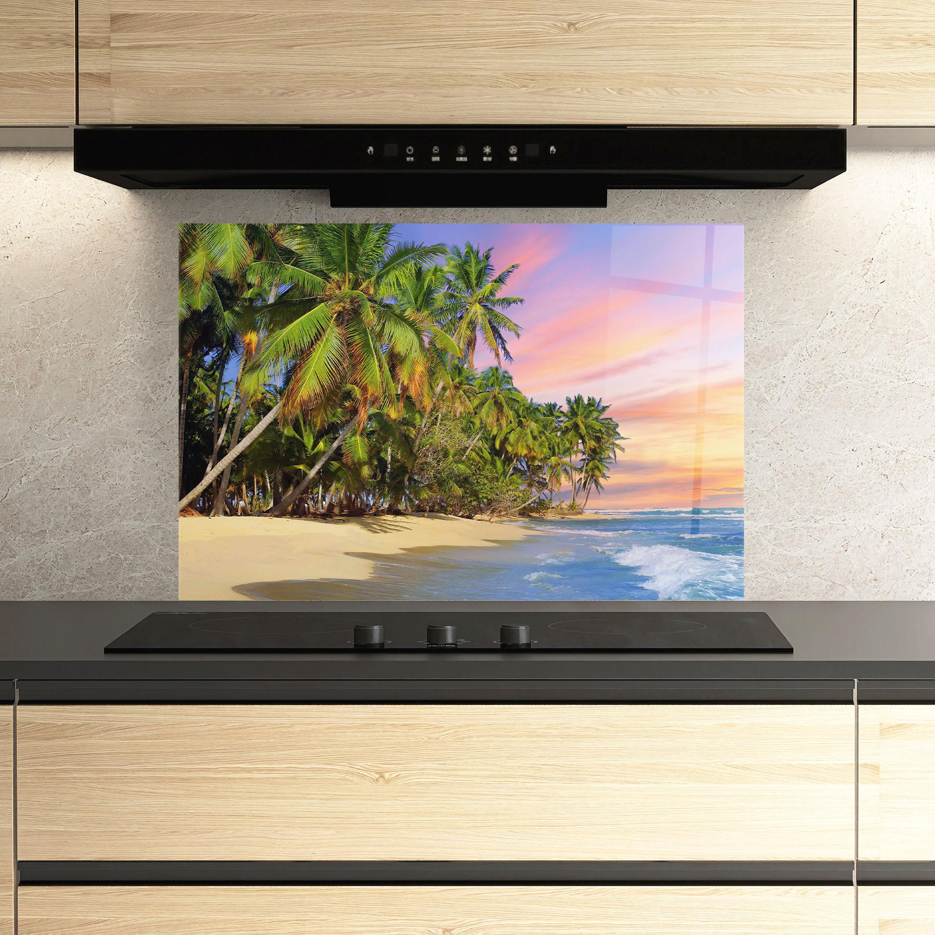 Küchenrückwand Glas Coconut Tree Sunset mockup 3
