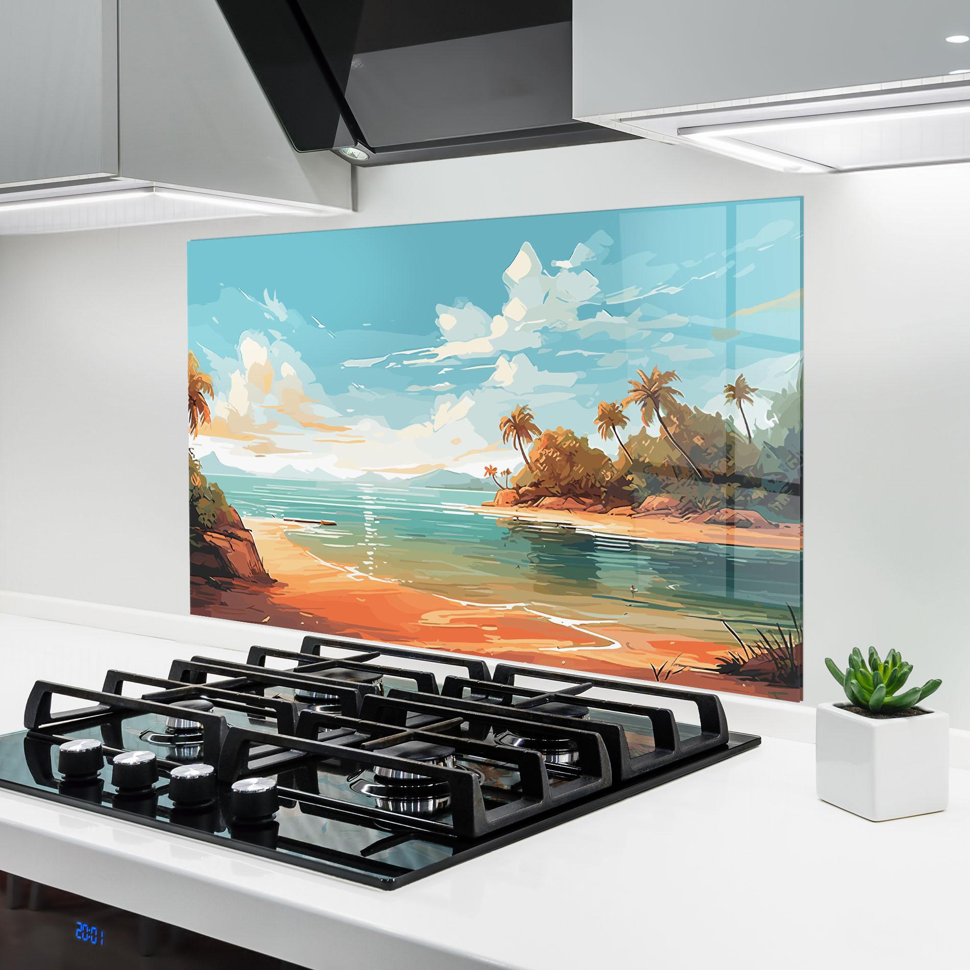 Küchenrückwand Glas Blue Sky Beach mockup 6