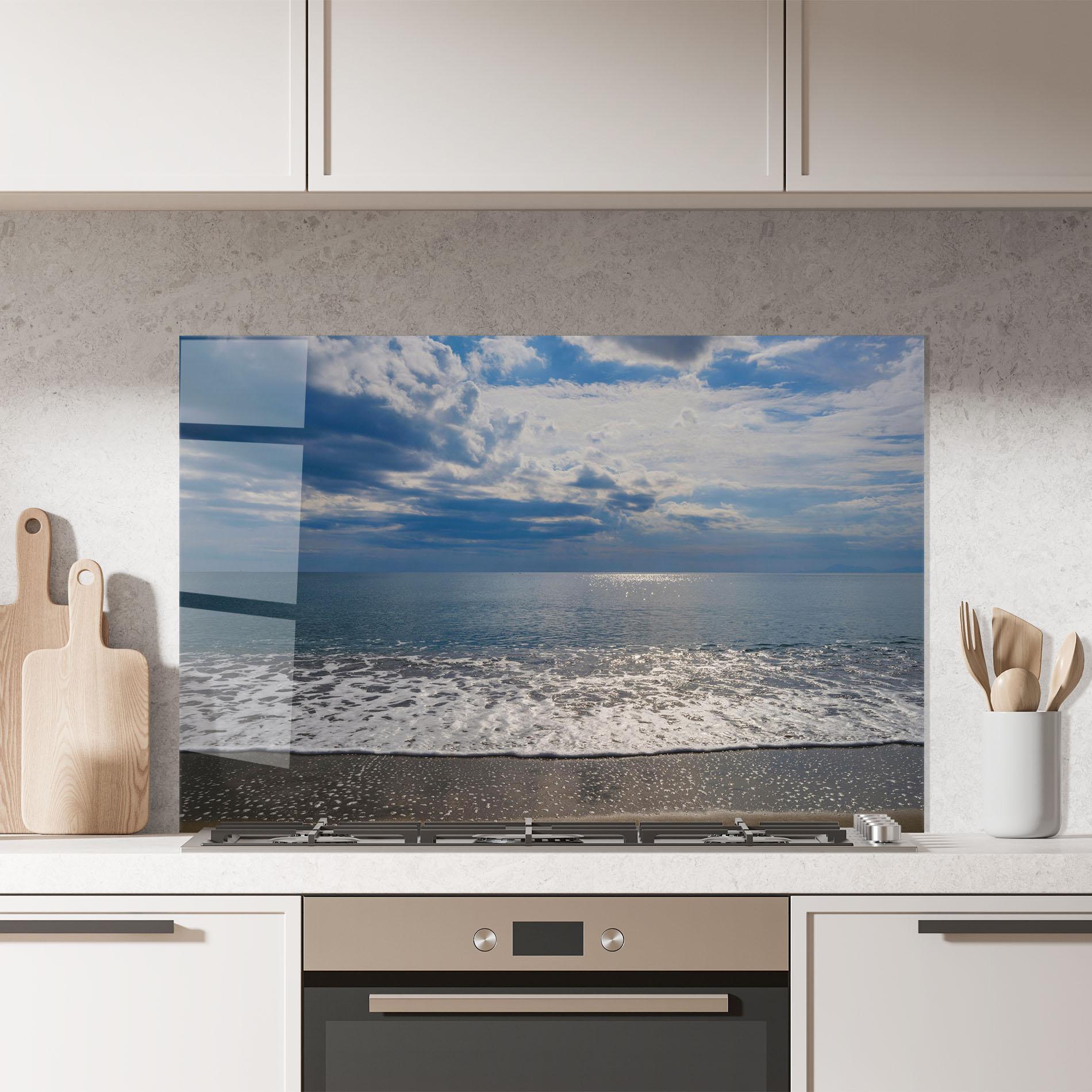 Küchenrückwand Glas Blue Cream Beach mockup 7
