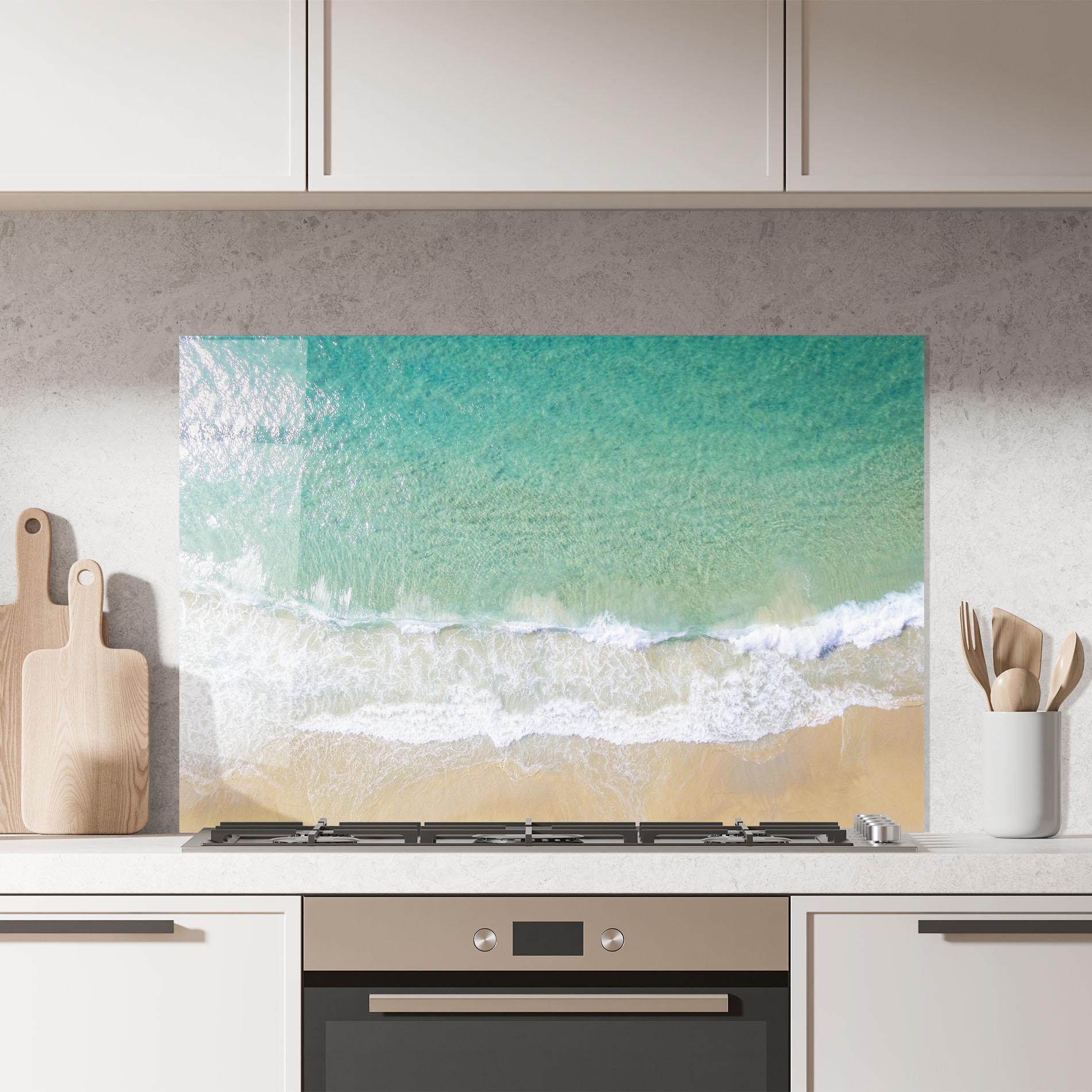 Küchenrückwand Glas Blue Waves Beach mockup 7
