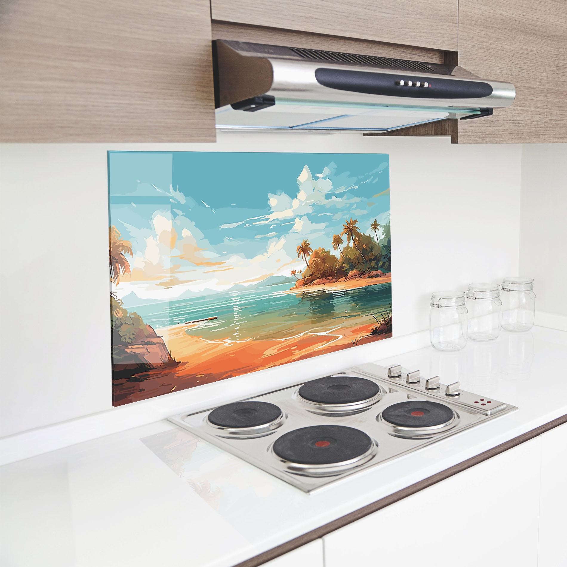 Küchenrückwand Glas Blue Sky Beach mockup 8