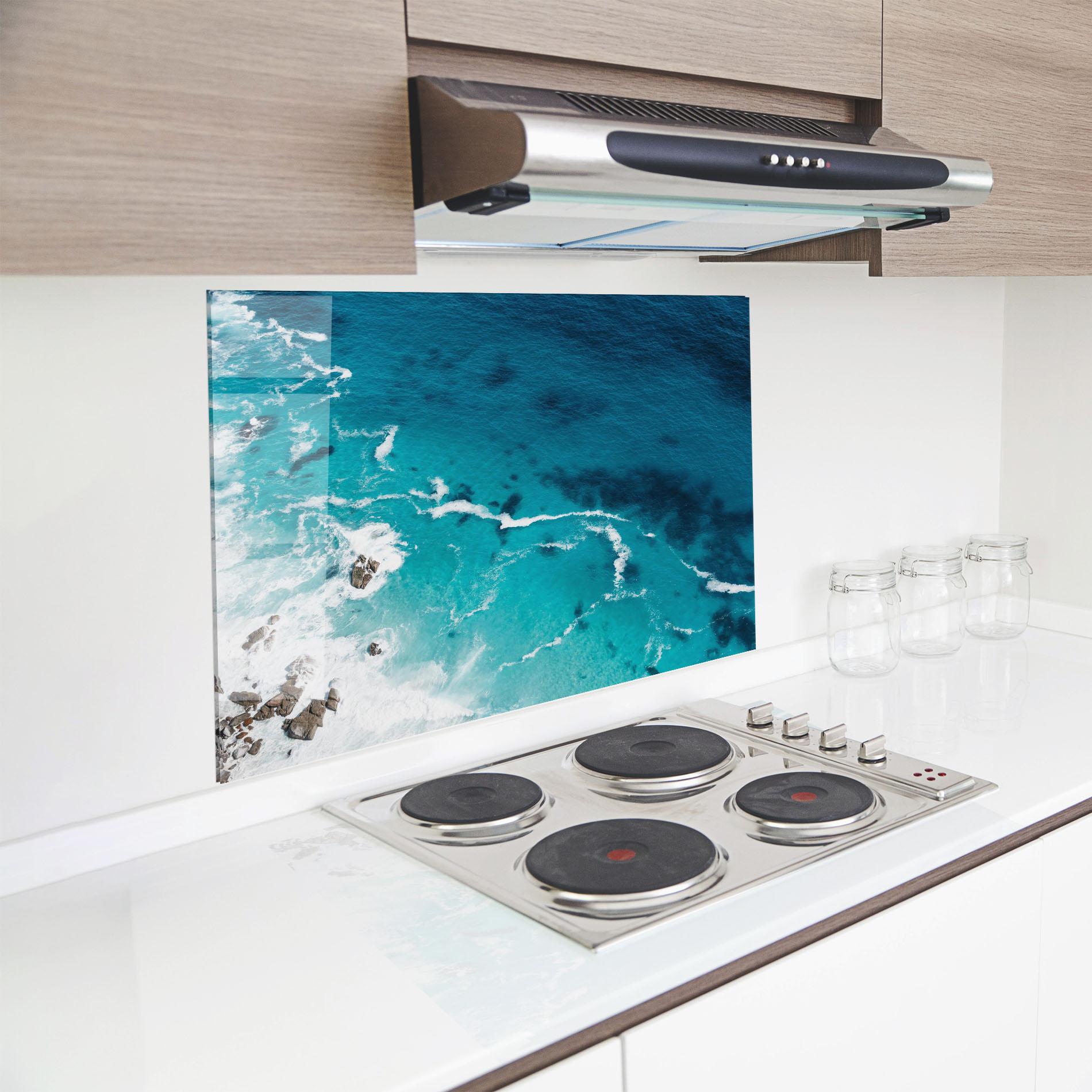 Küchenrückwand Glas Blue Water Beach mockup 8