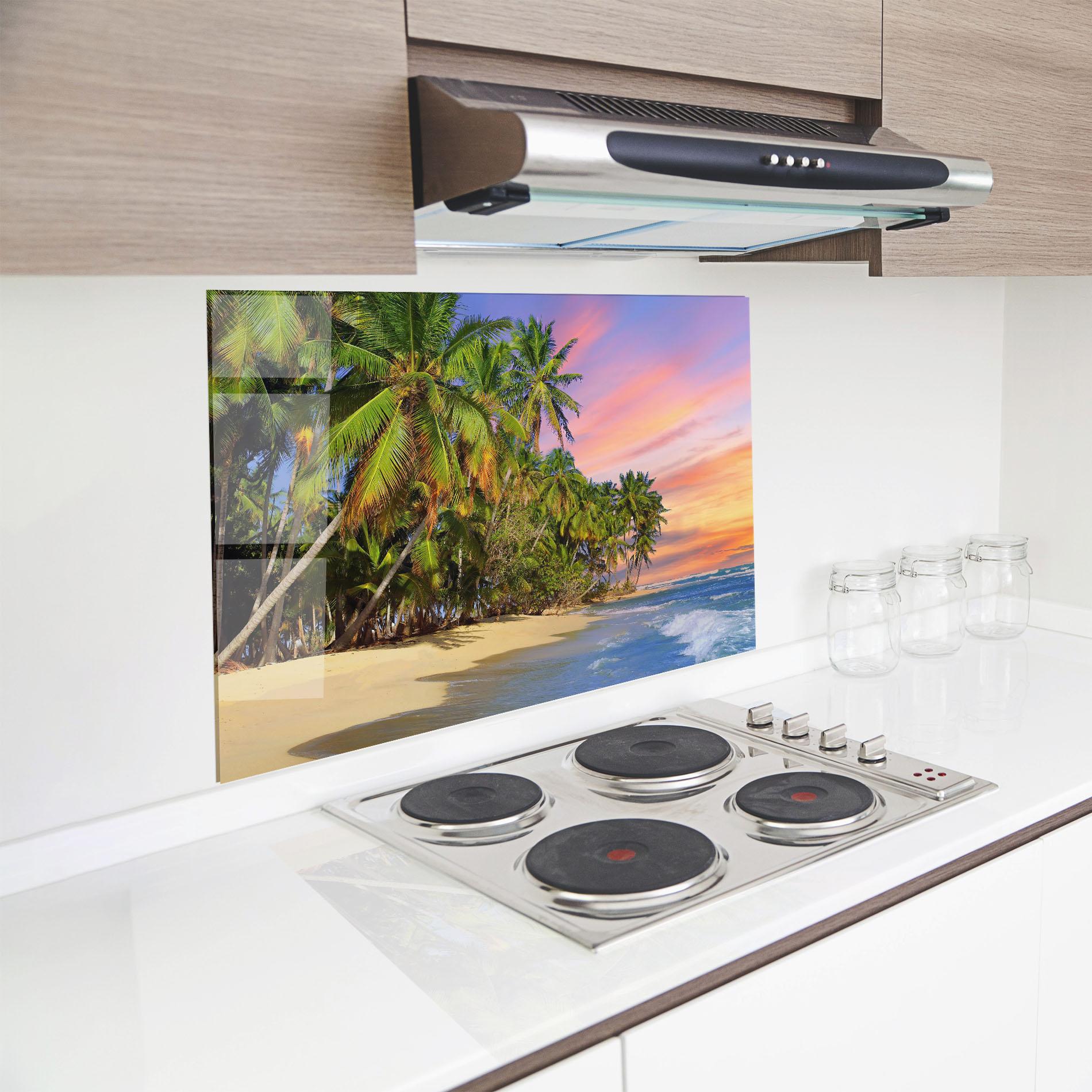 Küchenrückwand Glas Coconut Tree Sunset mockup 8