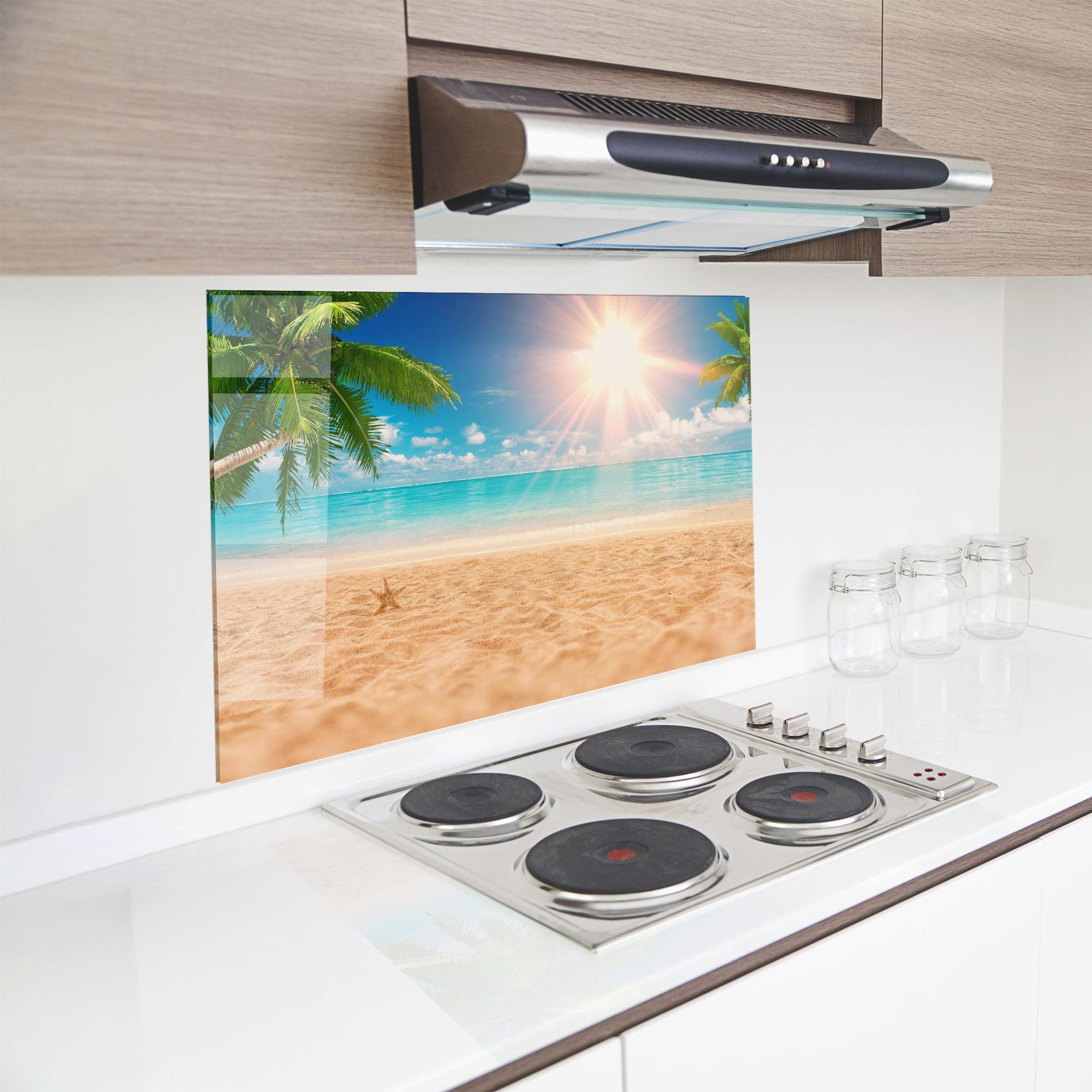 Küchenrückwand Glas Exotic Beach Ocean mockup 8