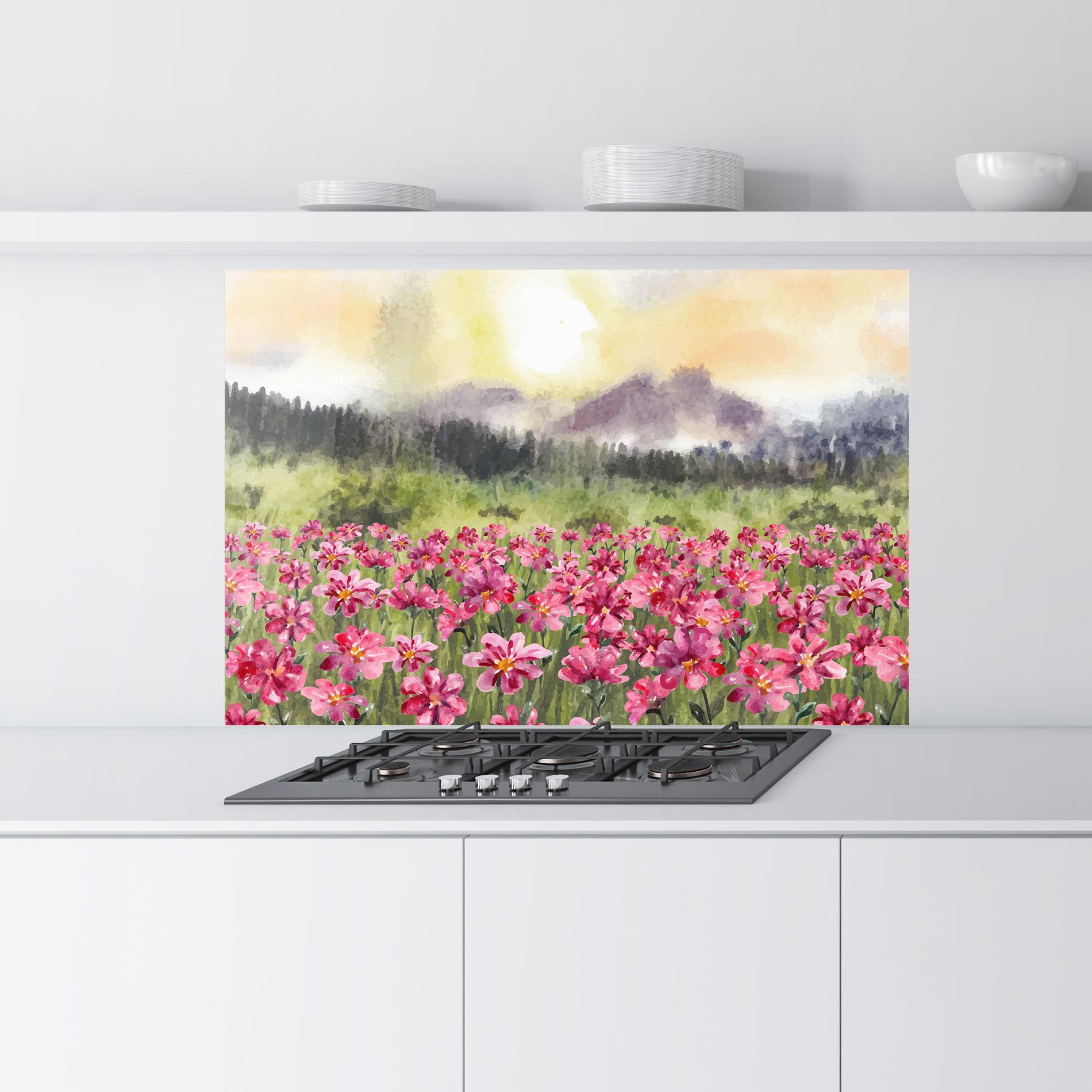 Küchenrückwand Glas Pink Flower Spring mockup 9