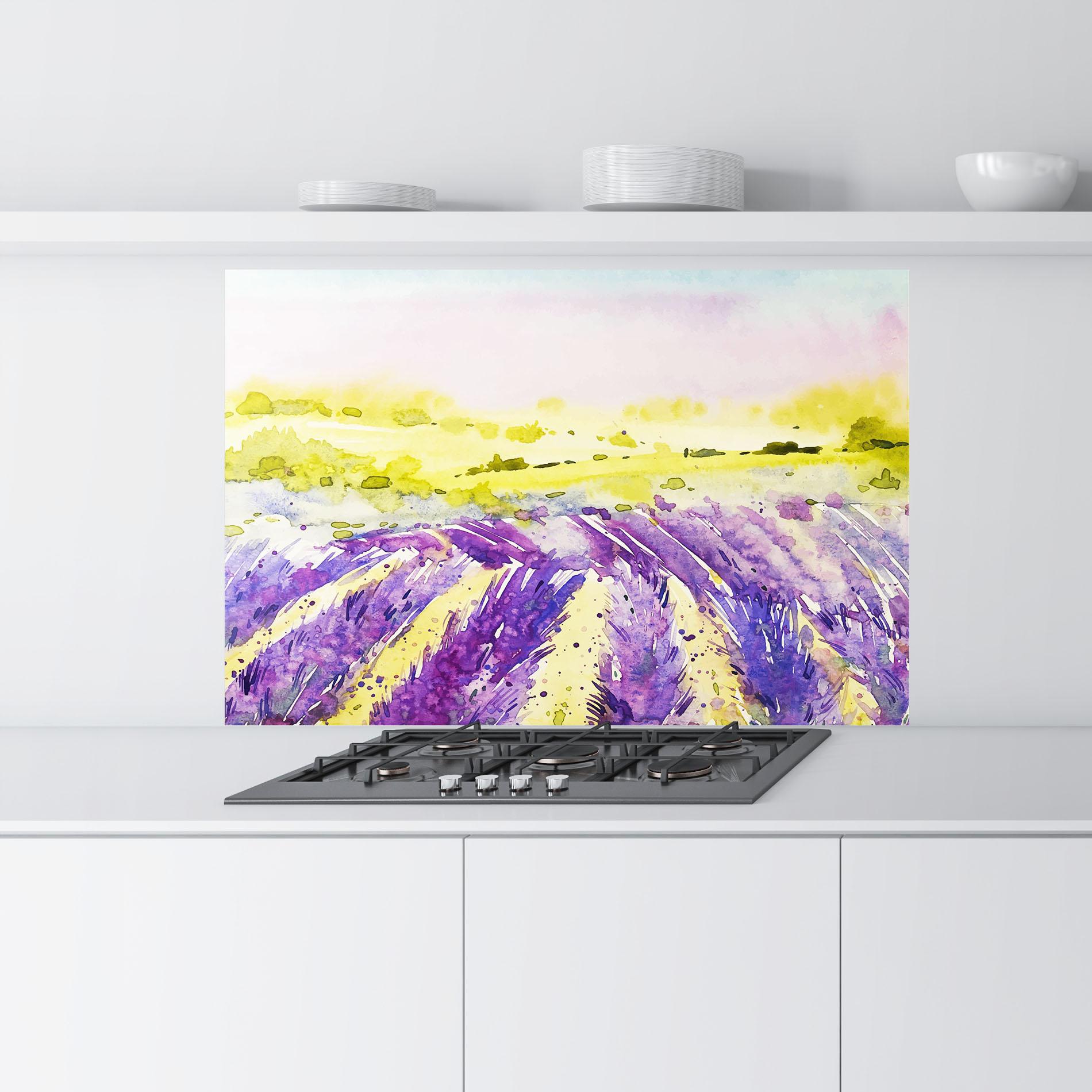 Küchenrückwand Glas Purple Spring Field mockup 9