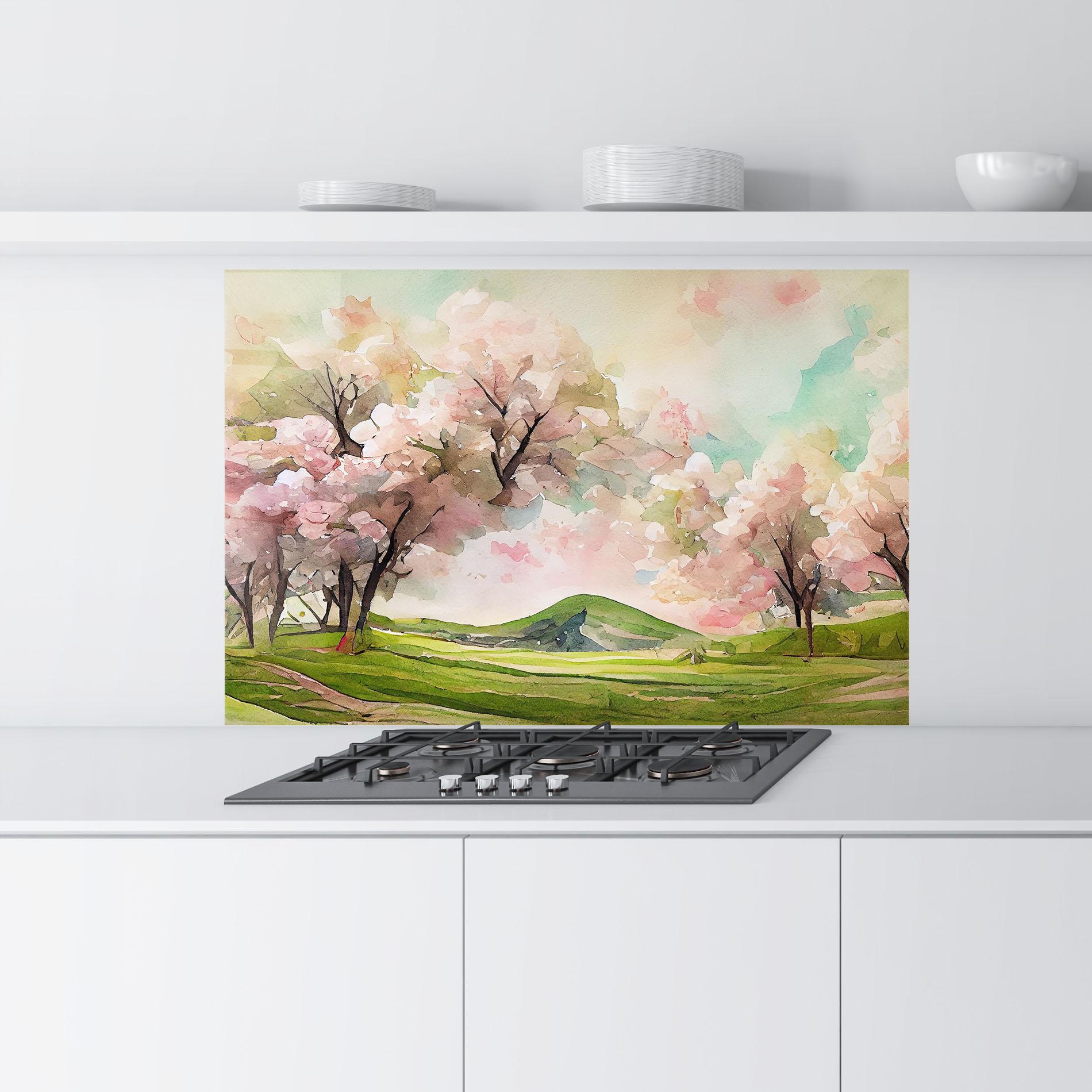Küchenrückwand Glas Spring Pink Trees mockup 9