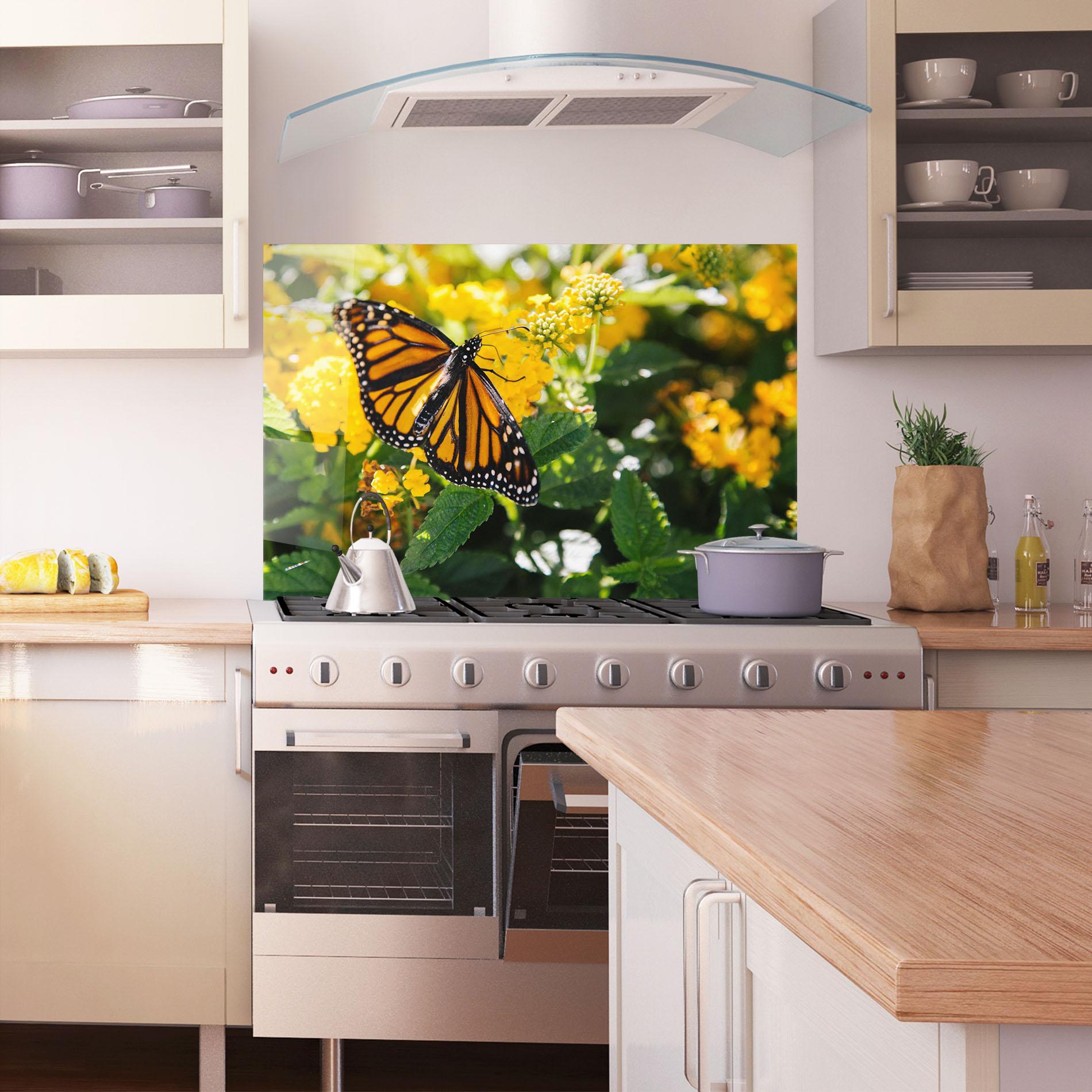 Küchenrückwand Glas Orange Spring Butterfly mockup 1