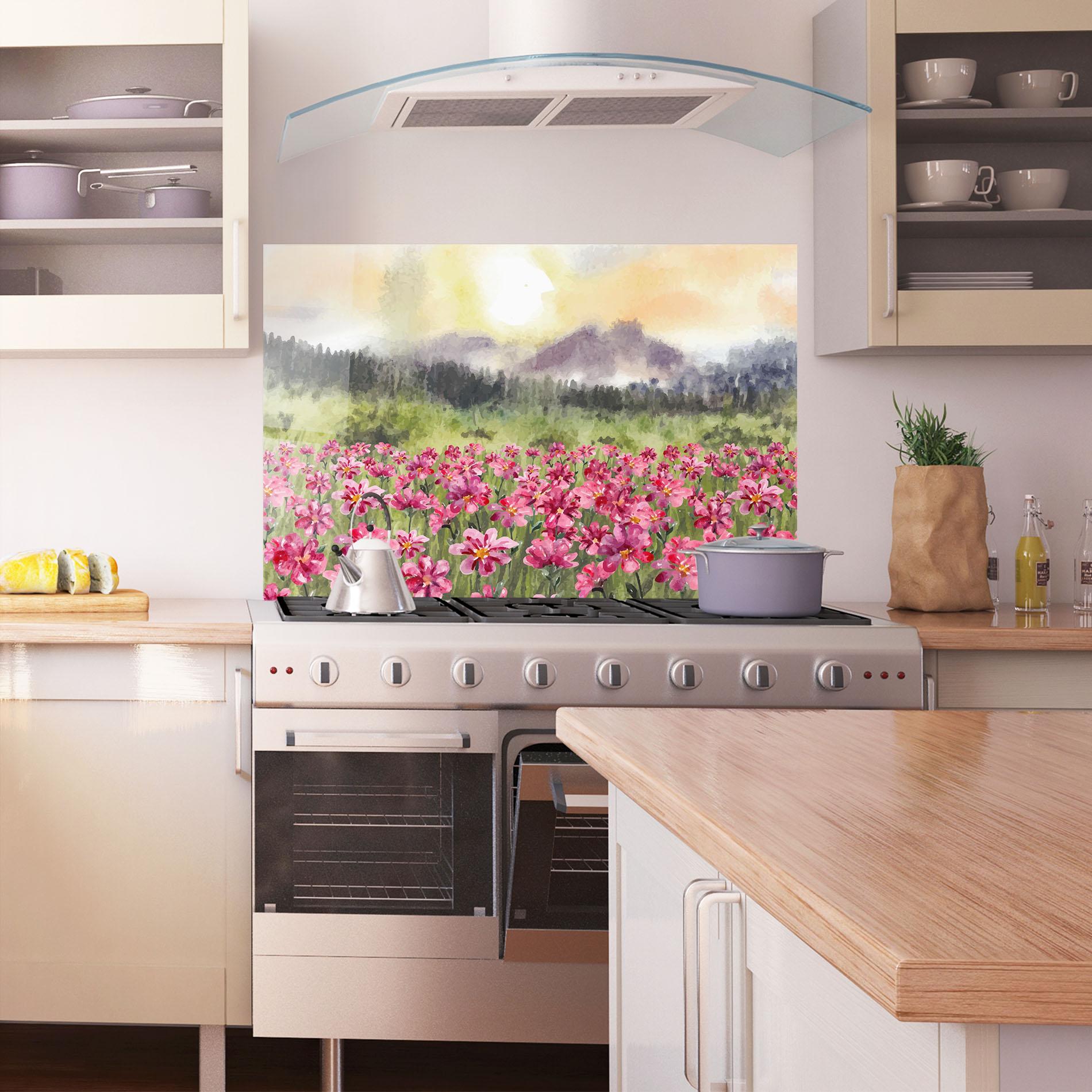 Küchenrückwand Glas Pink Flower Spring mockup 1