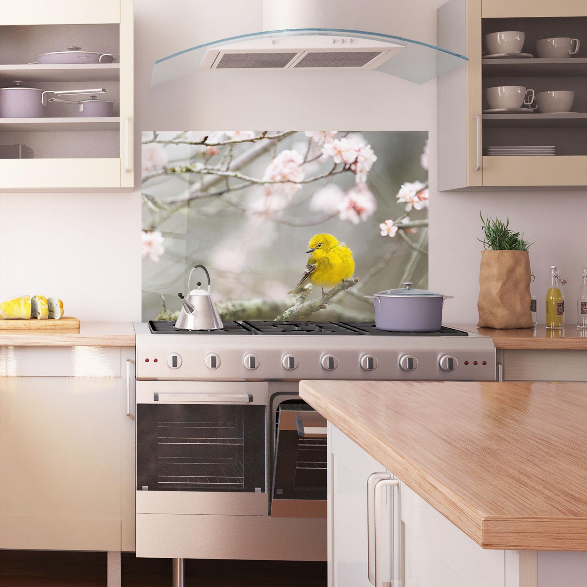 Küchenrückwand Glas Pretty Spring Yellow Bird mockup 1