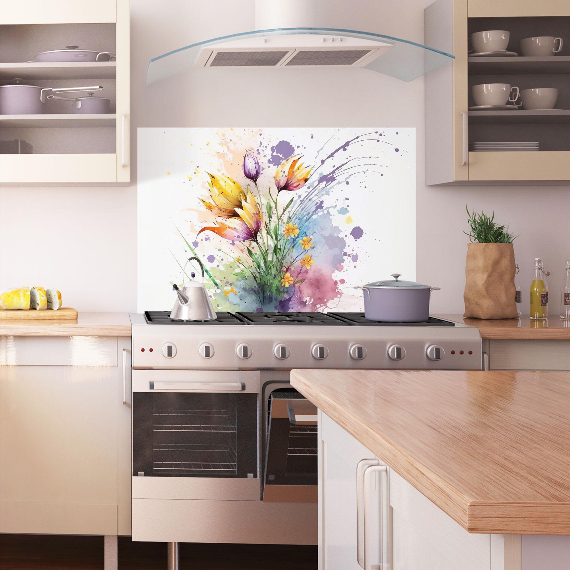 Küchenrückwand Glas Purple Yellow Spring mockup 1