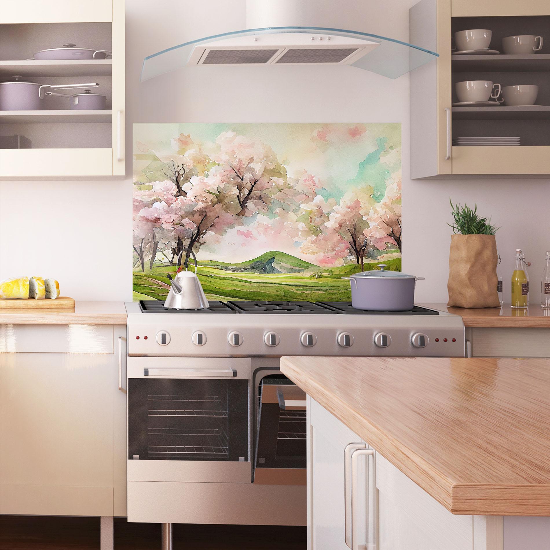 Küchenrückwand Glas Spring Pink Trees mockup 1