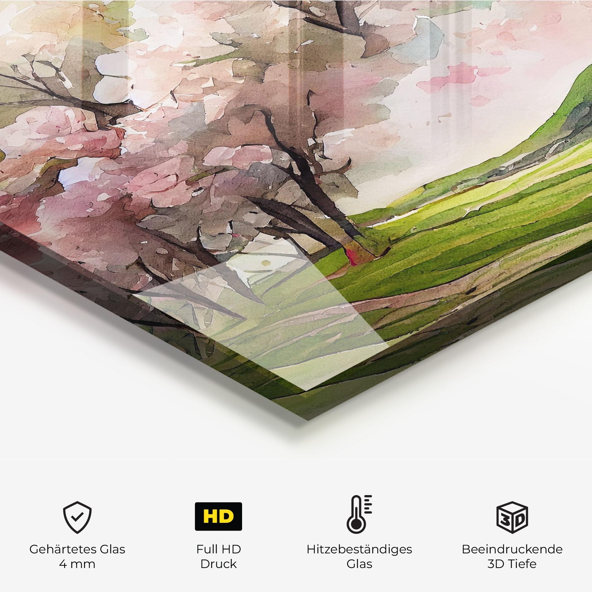 Küchenrückwand Glas Spring Pink Trees mockup 2