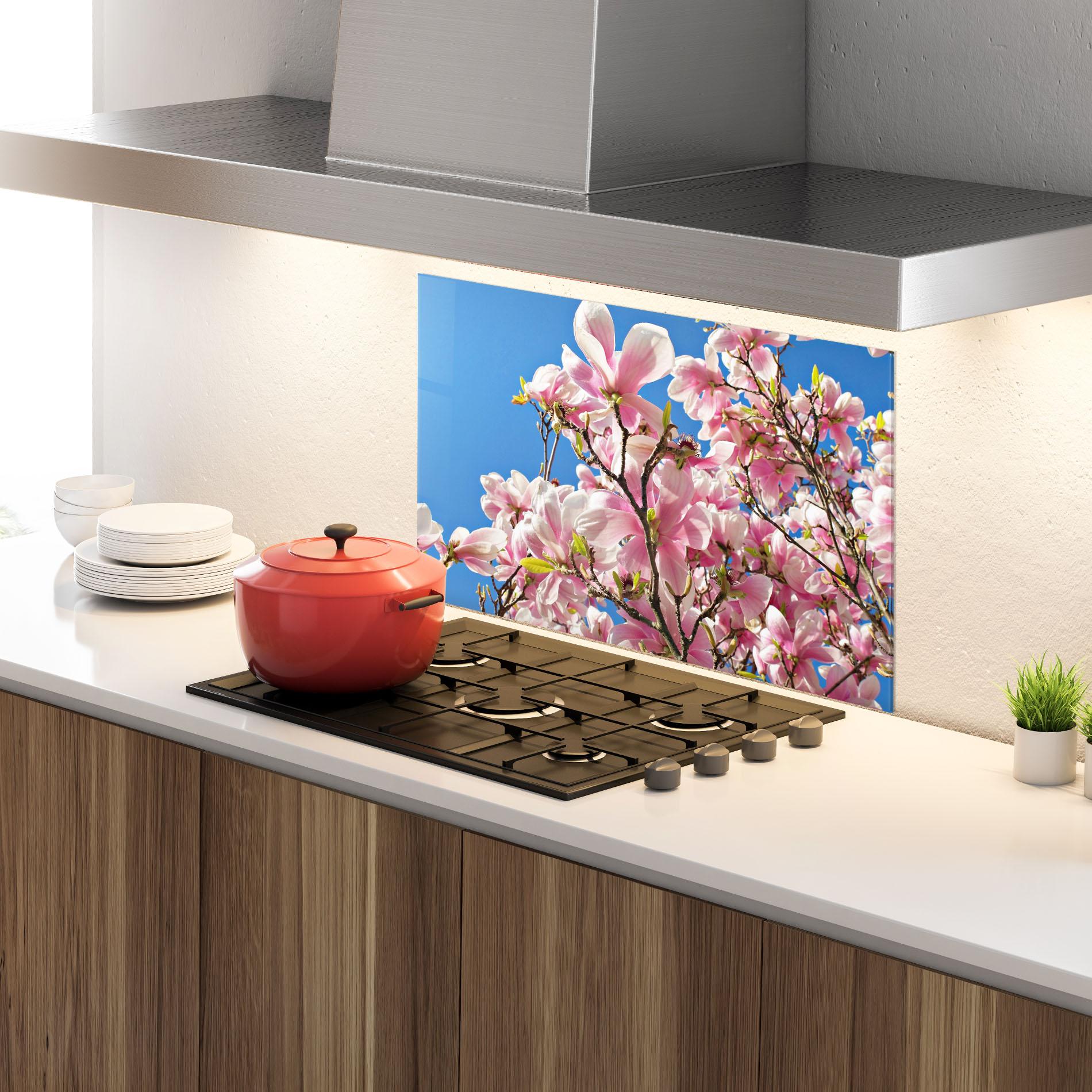 Küchenrückwand Glas Beautiful Pink Chinese Tree mockup 4