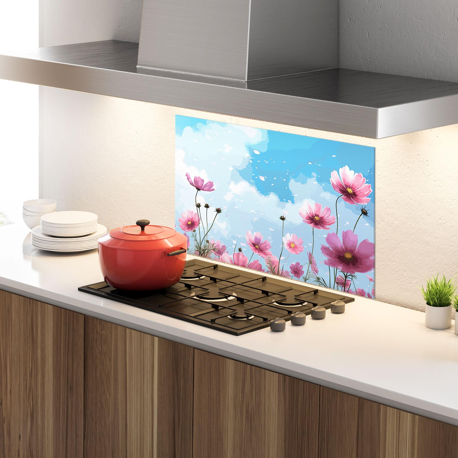 Küchenrückwand Glas Pink Flowers Spring mockup 4