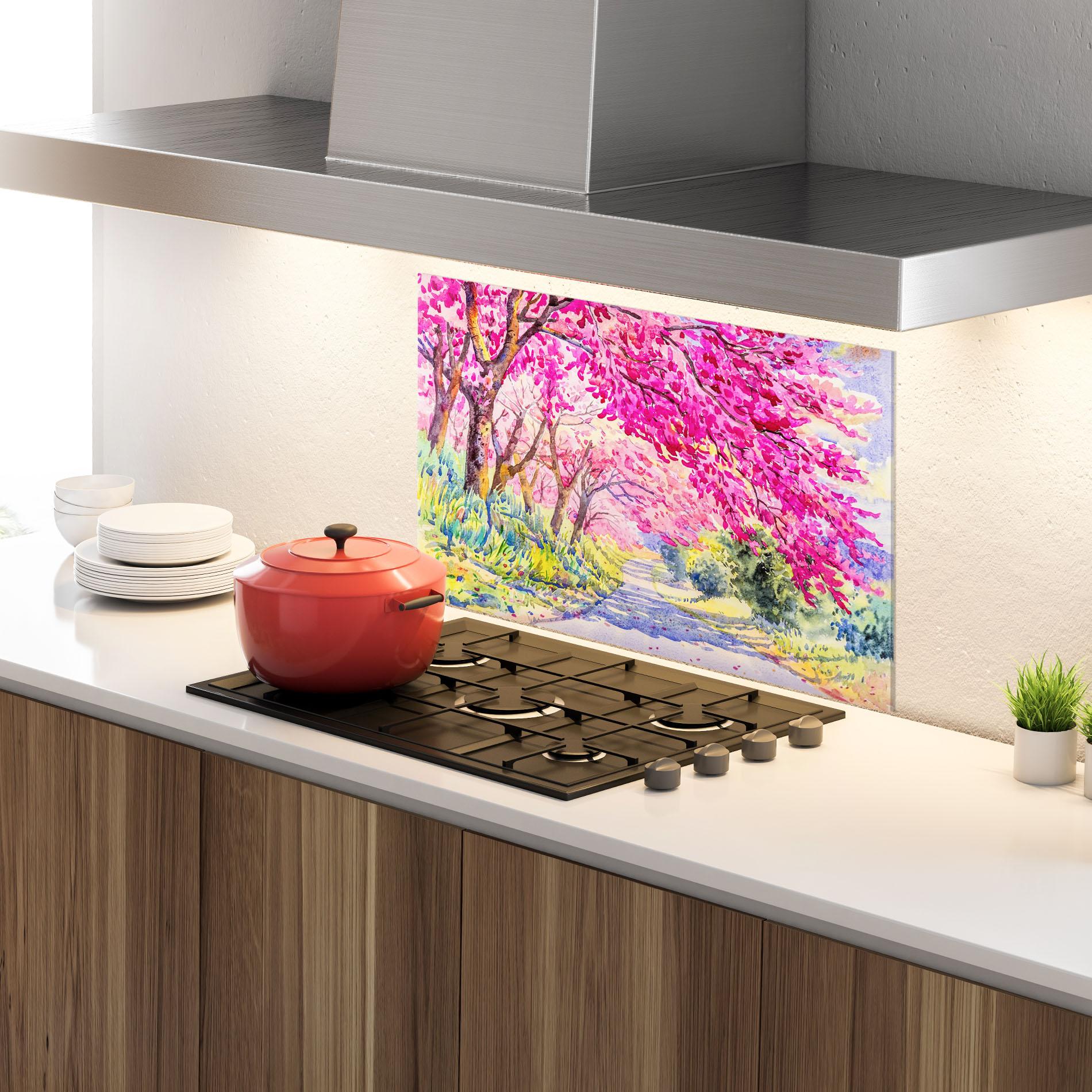 Küchenrückwand Glas Pink Trees Art mockup 4