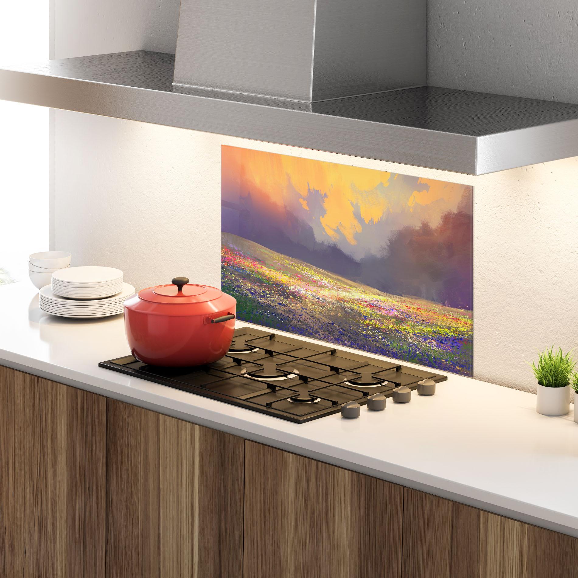 Küchenrückwand Glas Pretty Spring Field mockup 4