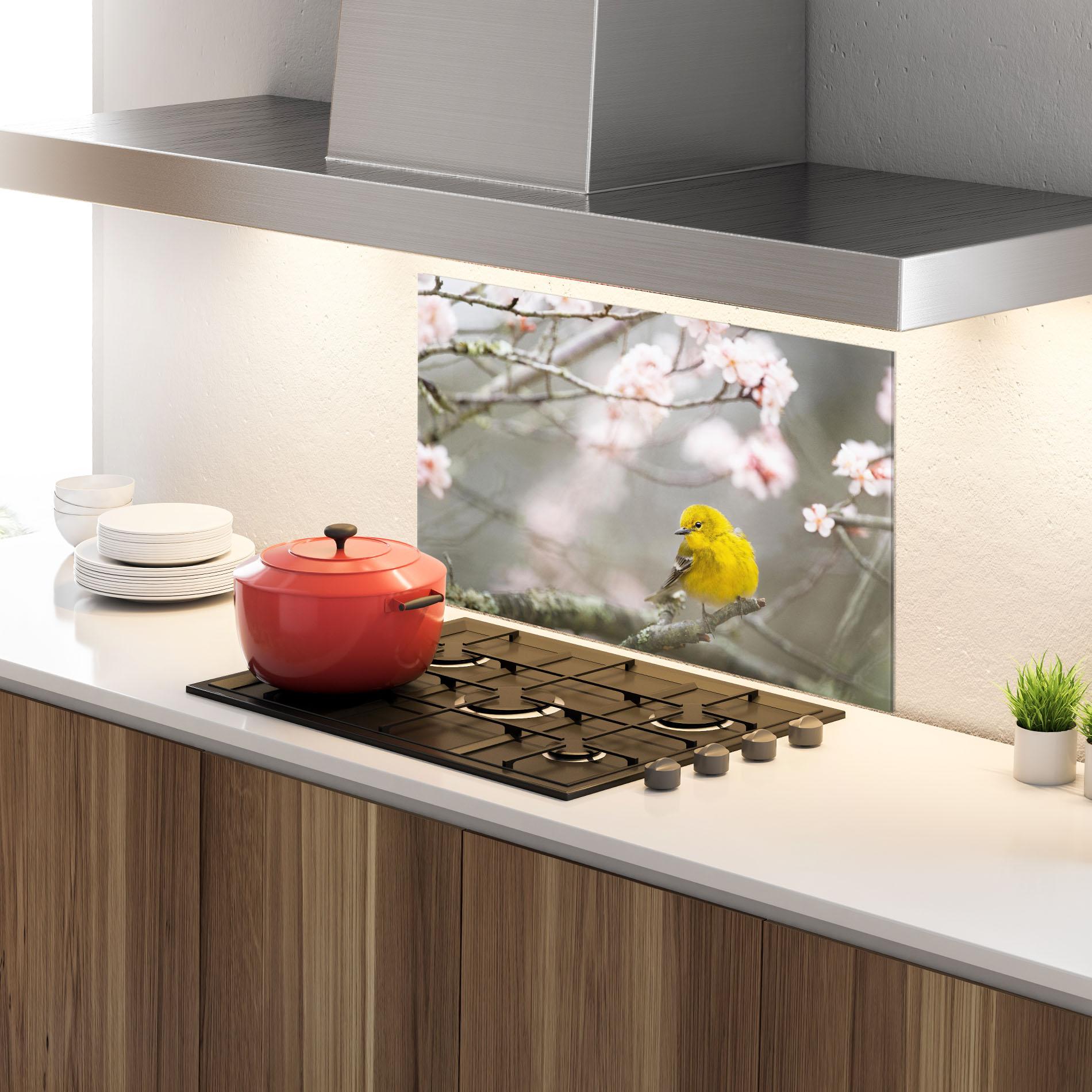 Küchenrückwand Glas Pretty Spring Yellow Bird mockup 4