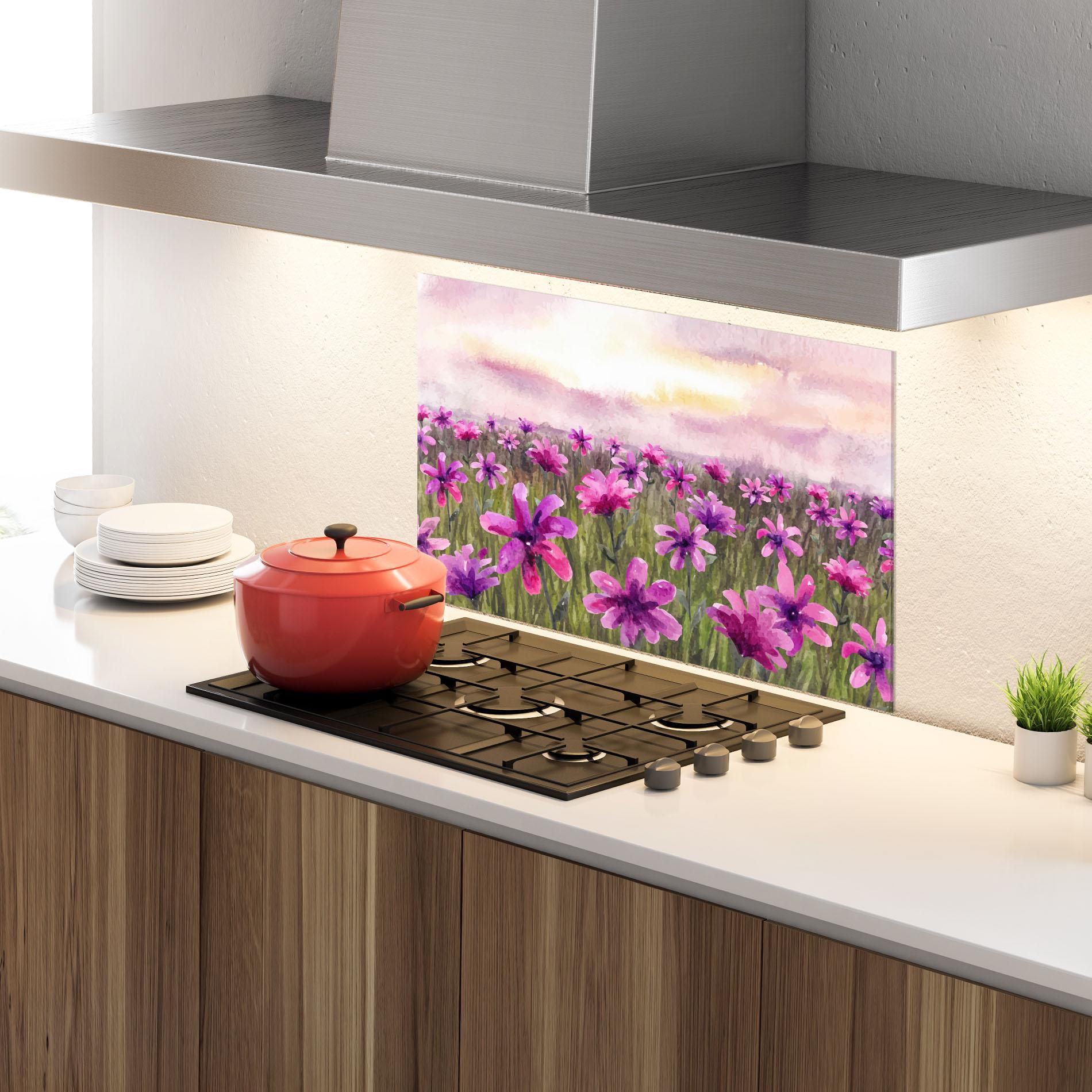 Küchenrückwand Glas Purple Flower Spring mockup 4