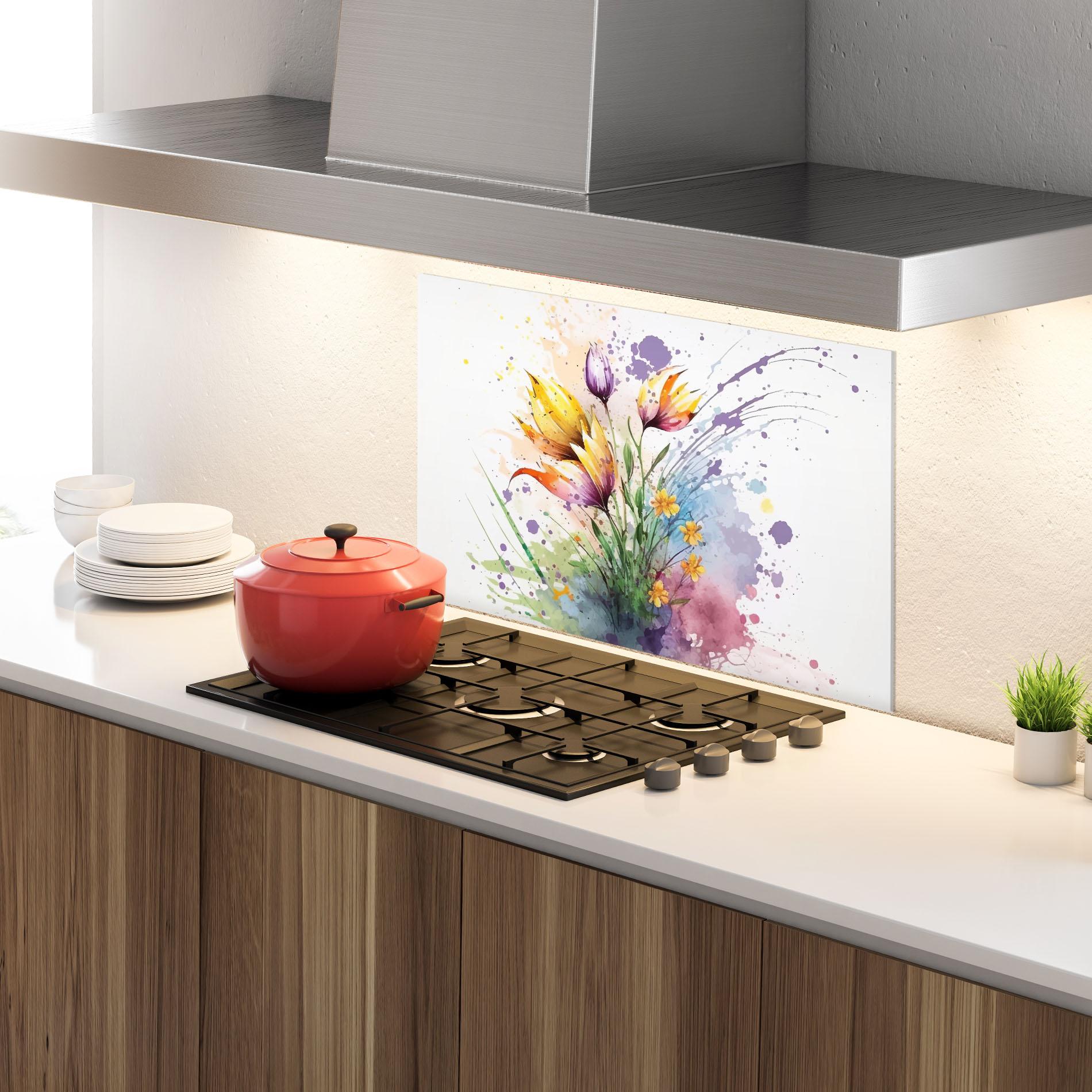 Küchenrückwand Glas Purple Yellow Spring mockup 4