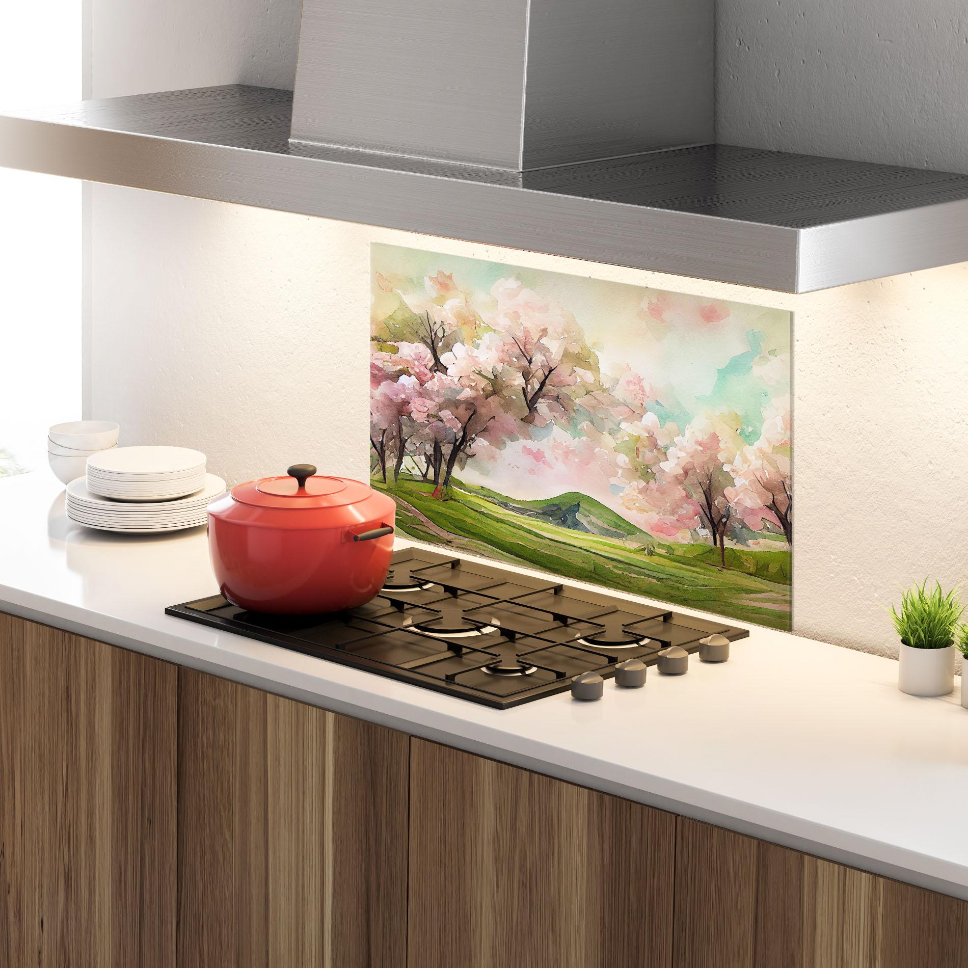 Küchenrückwand Glas Spring Pink Trees mockup 4