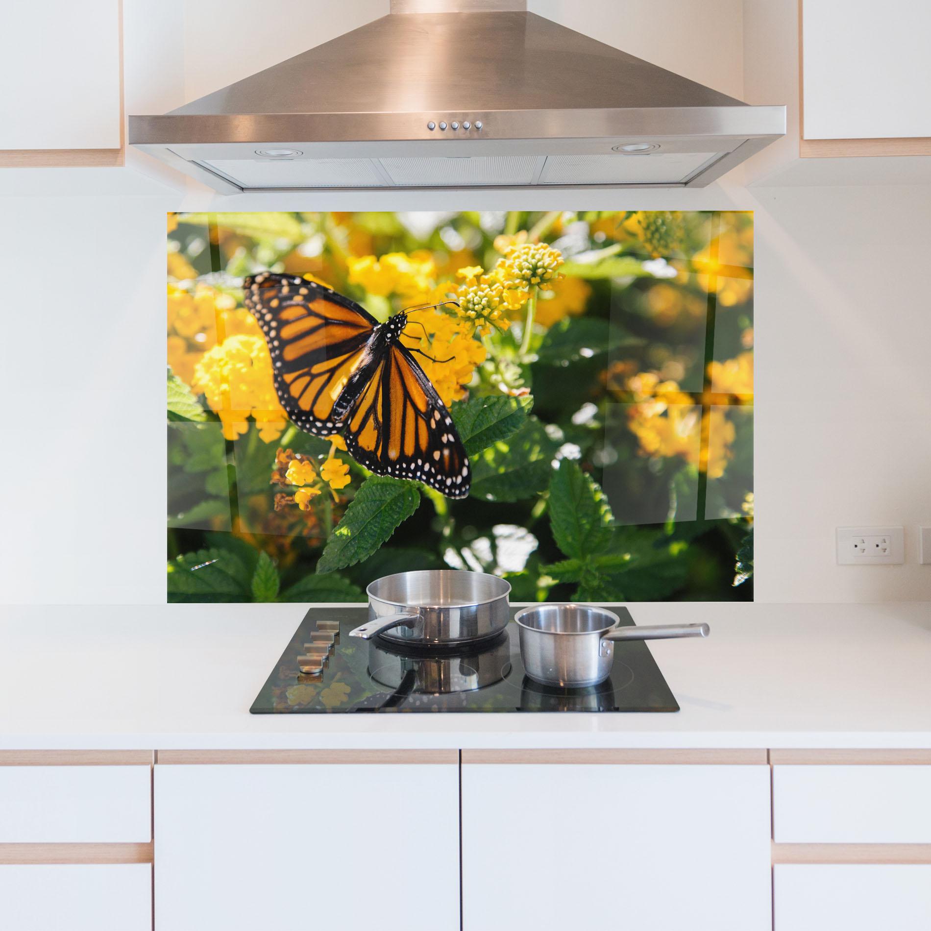 Küchenrückwand Glas Orange Spring Butterfly mockup 5