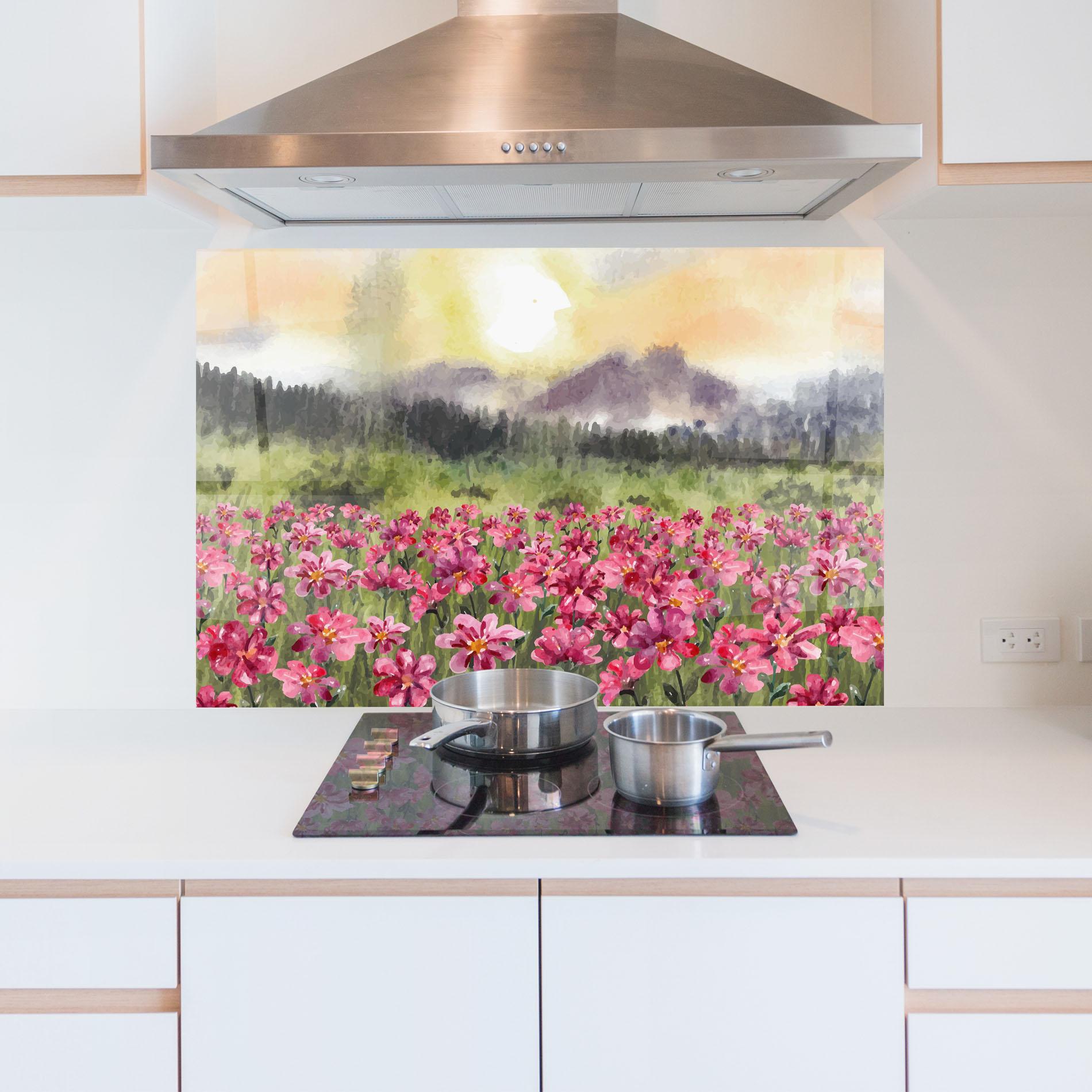 Küchenrückwand Glas Pink Flower Spring mockup 5