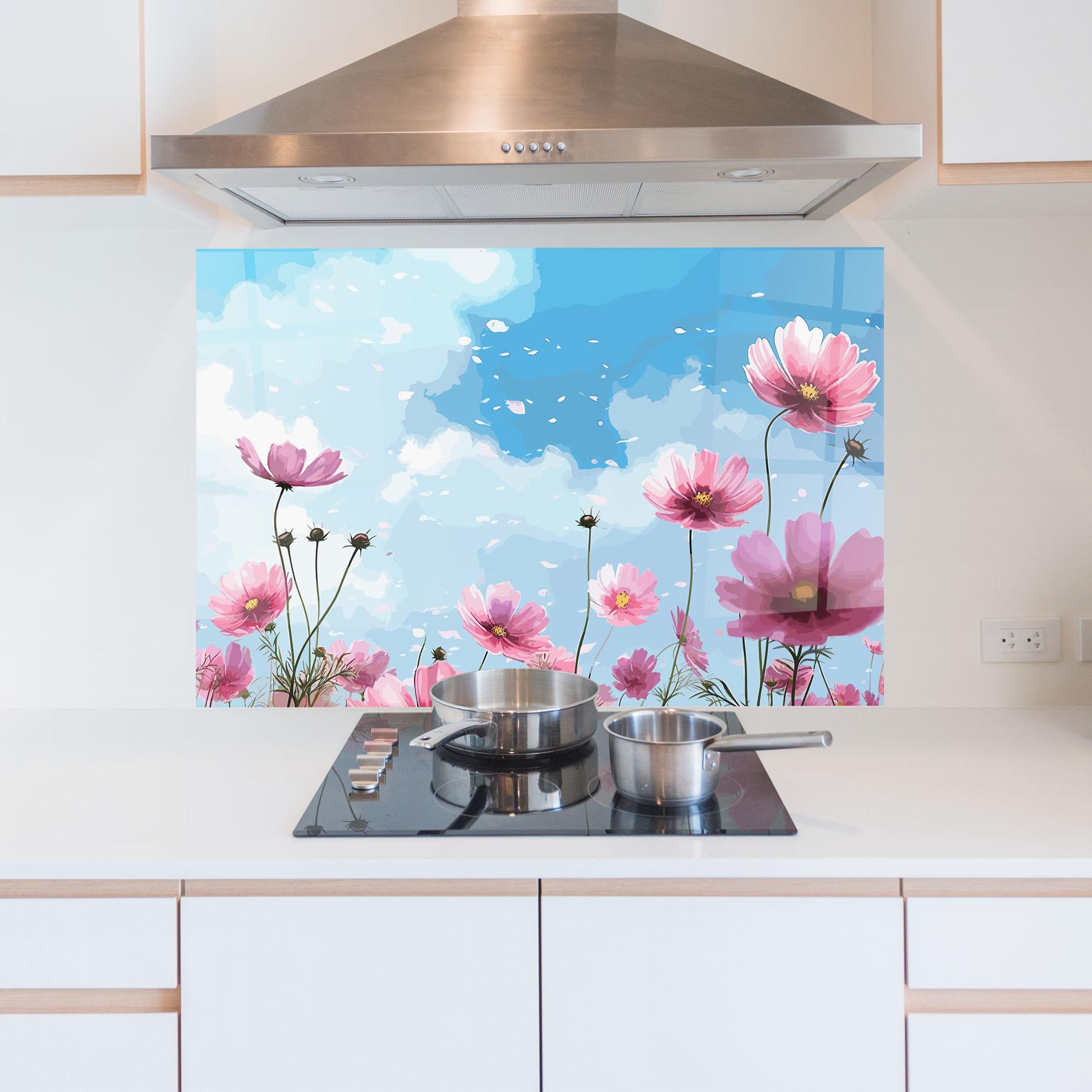 Küchenrückwand Glas Pink Flowers Spring mockup 5