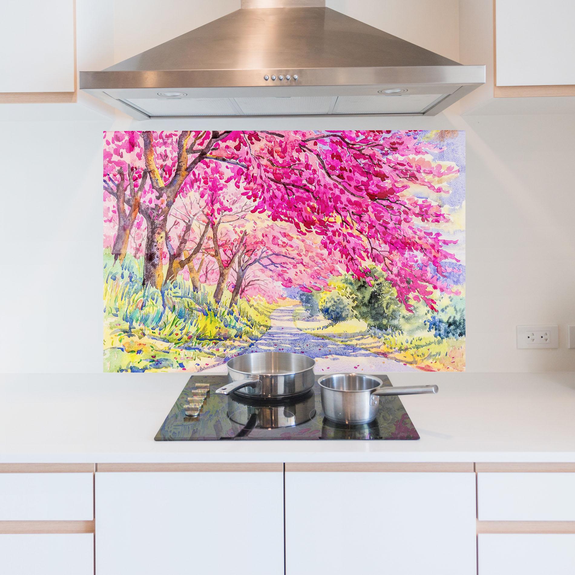 Küchenrückwand Glas Pink Trees Art mockup 5