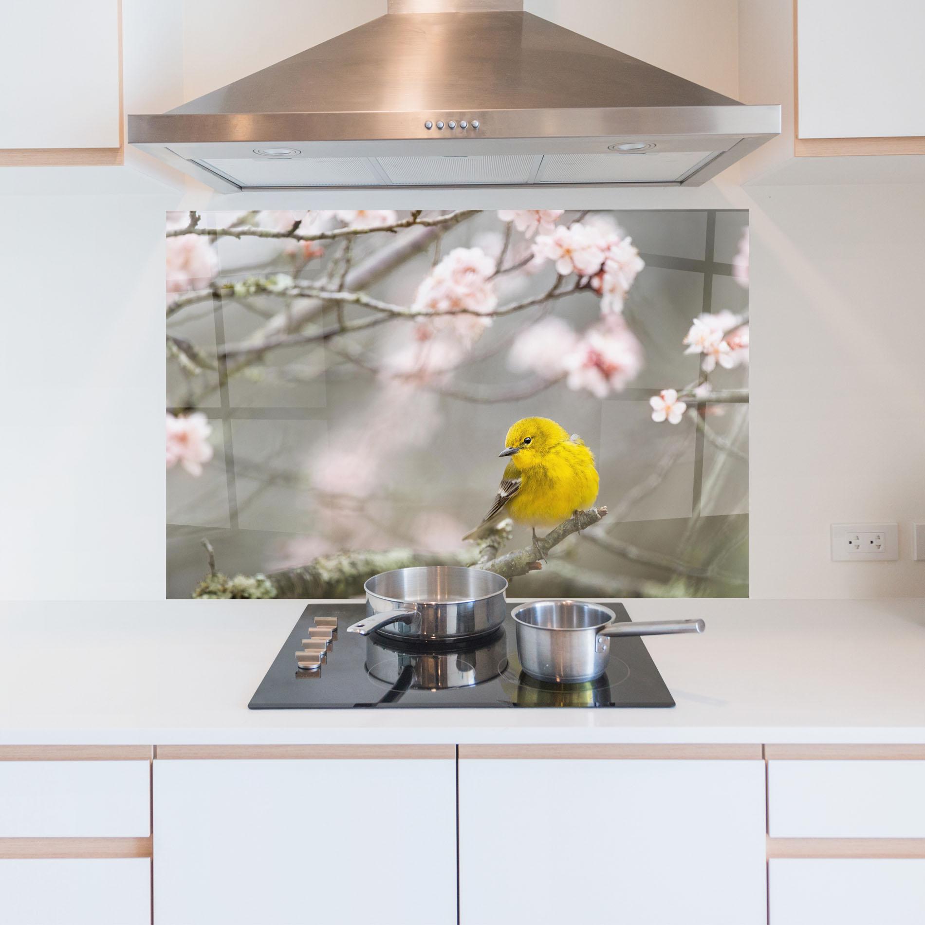 Küchenrückwand Glas Pretty Spring Yellow Bird mockup 5