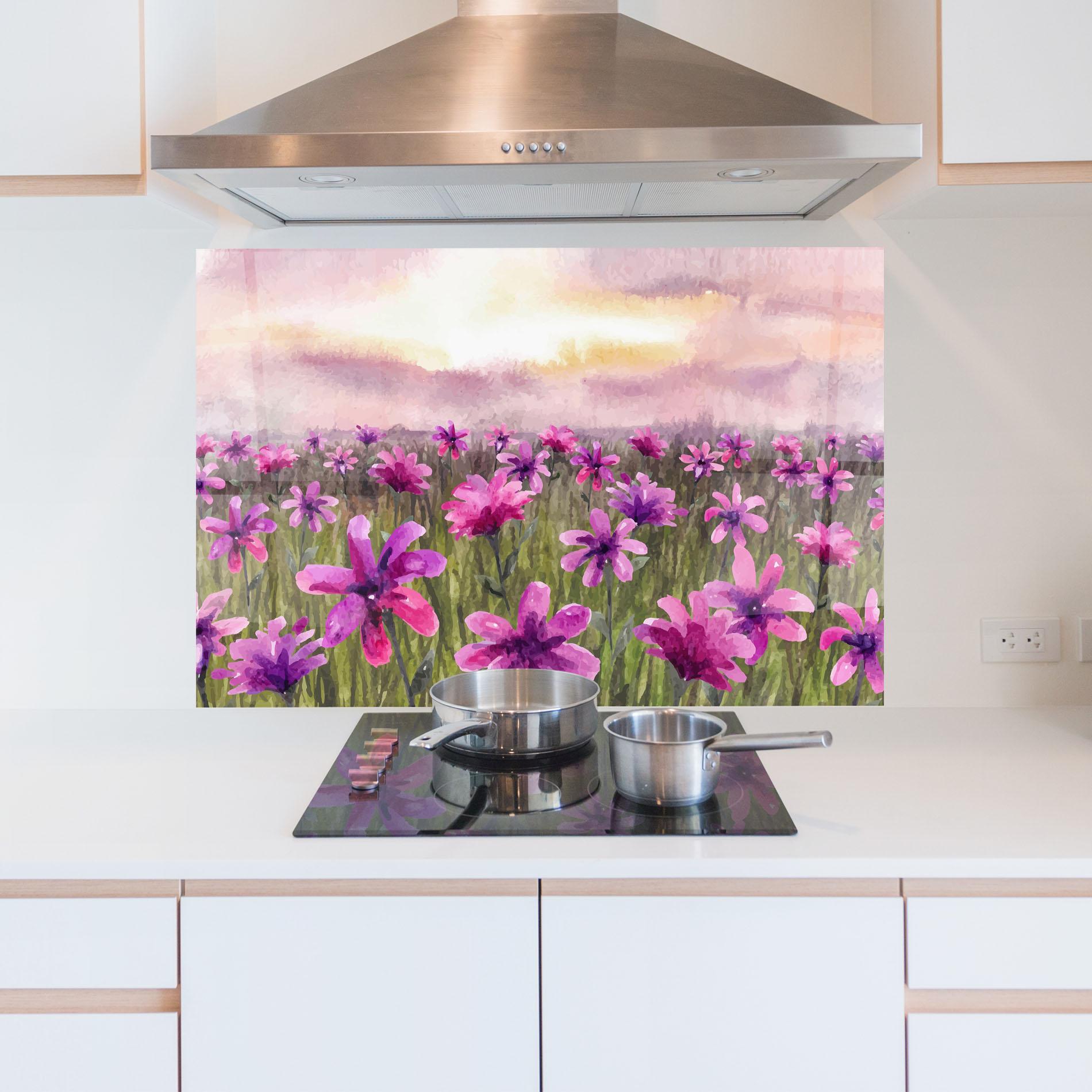 Küchenrückwand Glas Purple Flower Spring mockup 5
