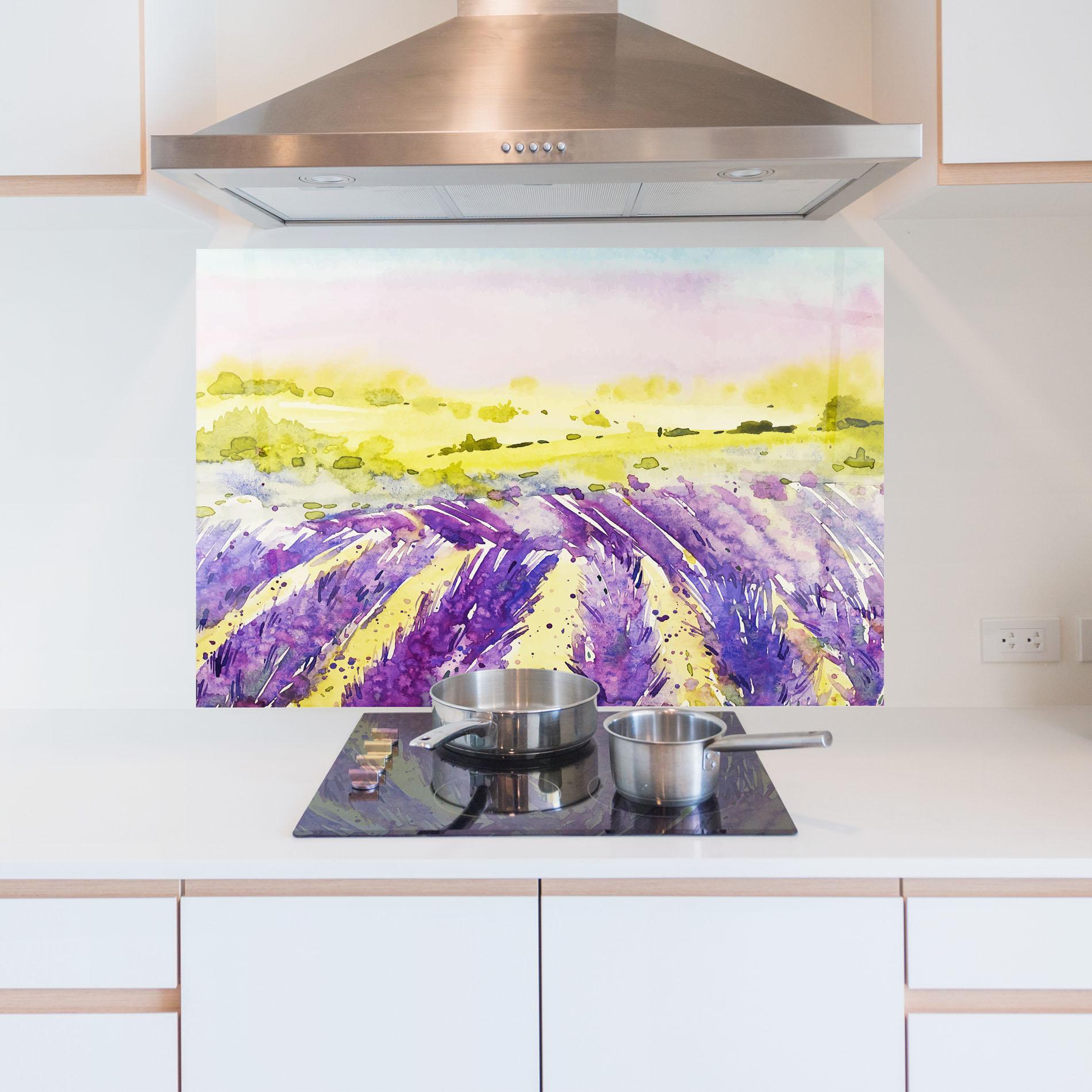 Küchenrückwand Glas Purple Spring Field mockup 5