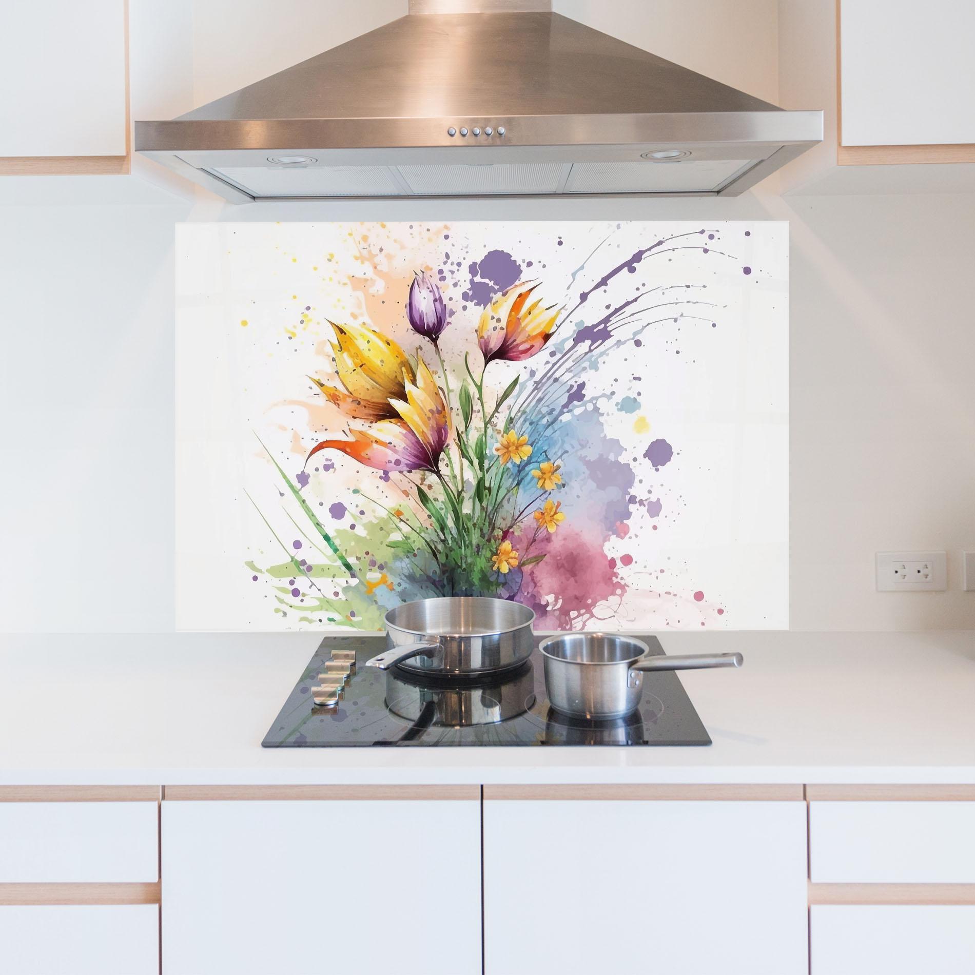 Küchenrückwand Glas Purple Yellow Spring mockup 5