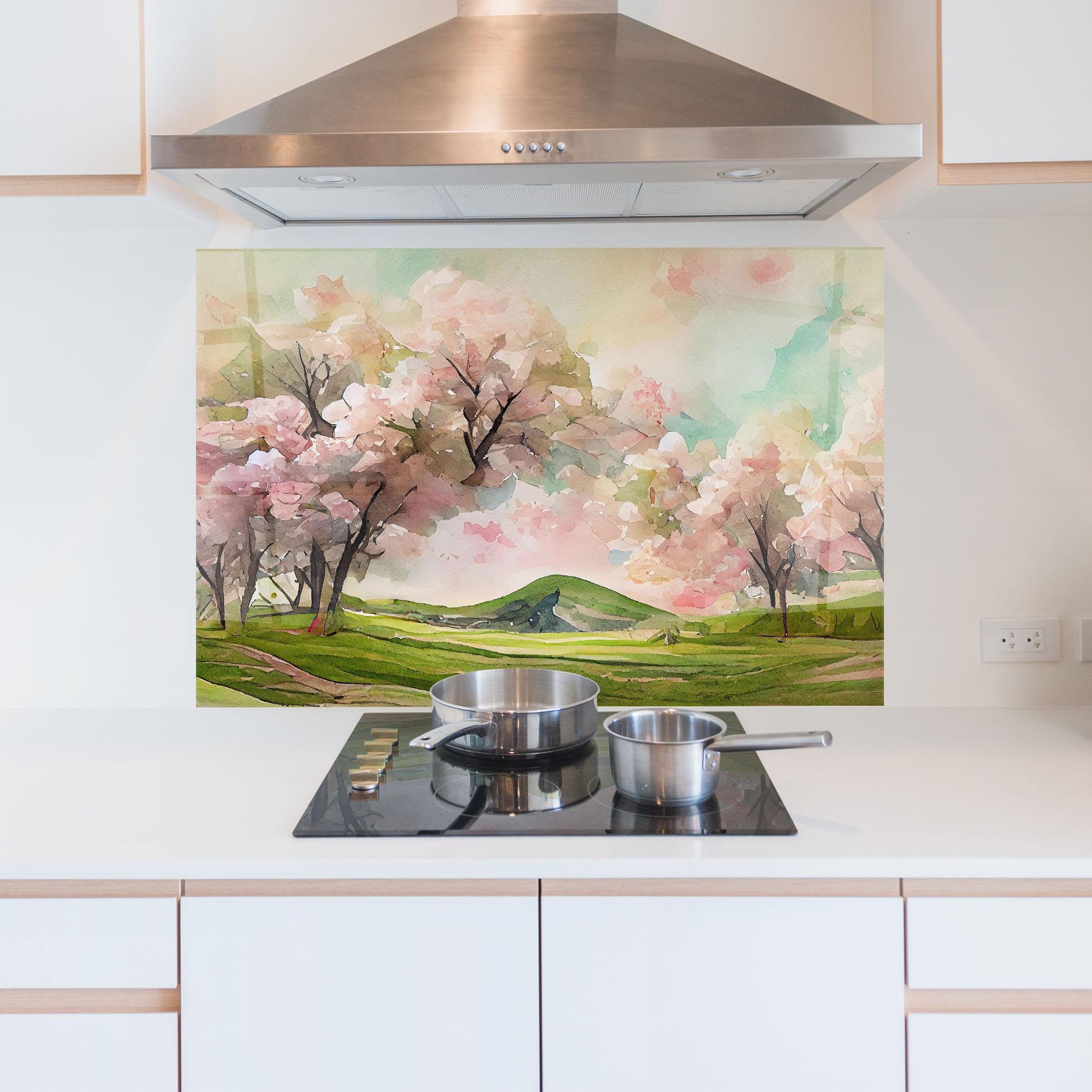 Küchenrückwand Glas Spring Pink Trees mockup 5